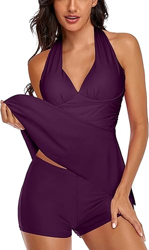 Miniatura 3 de Traje de baño tankini halter de dos piezas para mujer, con control de abdomen, cuello en V, con pantalones cortos