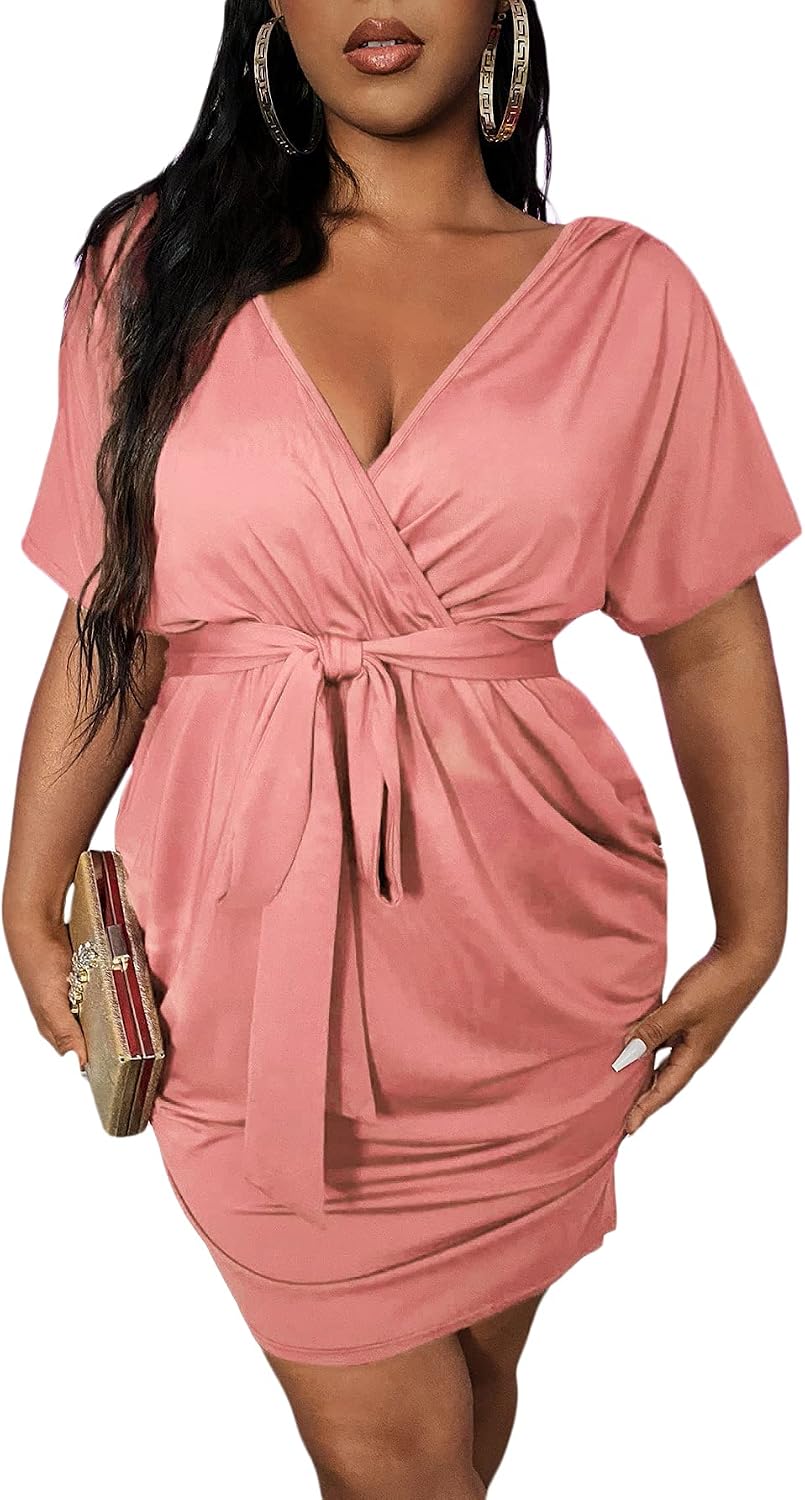 Romwe Women's Plus Size Short Sleeve Surplice Deep V Belted Ruched Mini Party Bodycon Dress