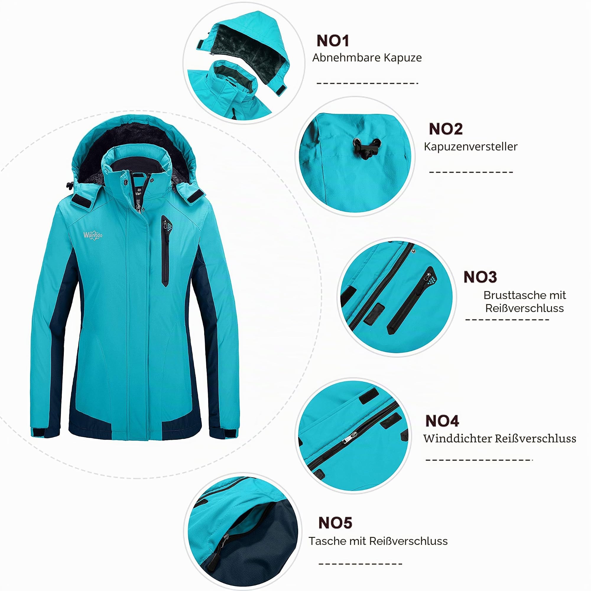 Wantdo Damen Skijacke Winddicht Outdoor Wintermantel mit Kapuze | Wasserdicht,Brusttasche,Fleece,Warm Gefüttert,Leicht,Atmungsaktiv,Windbreaker Jacke Damen, Wandern,Snowboard,Berg