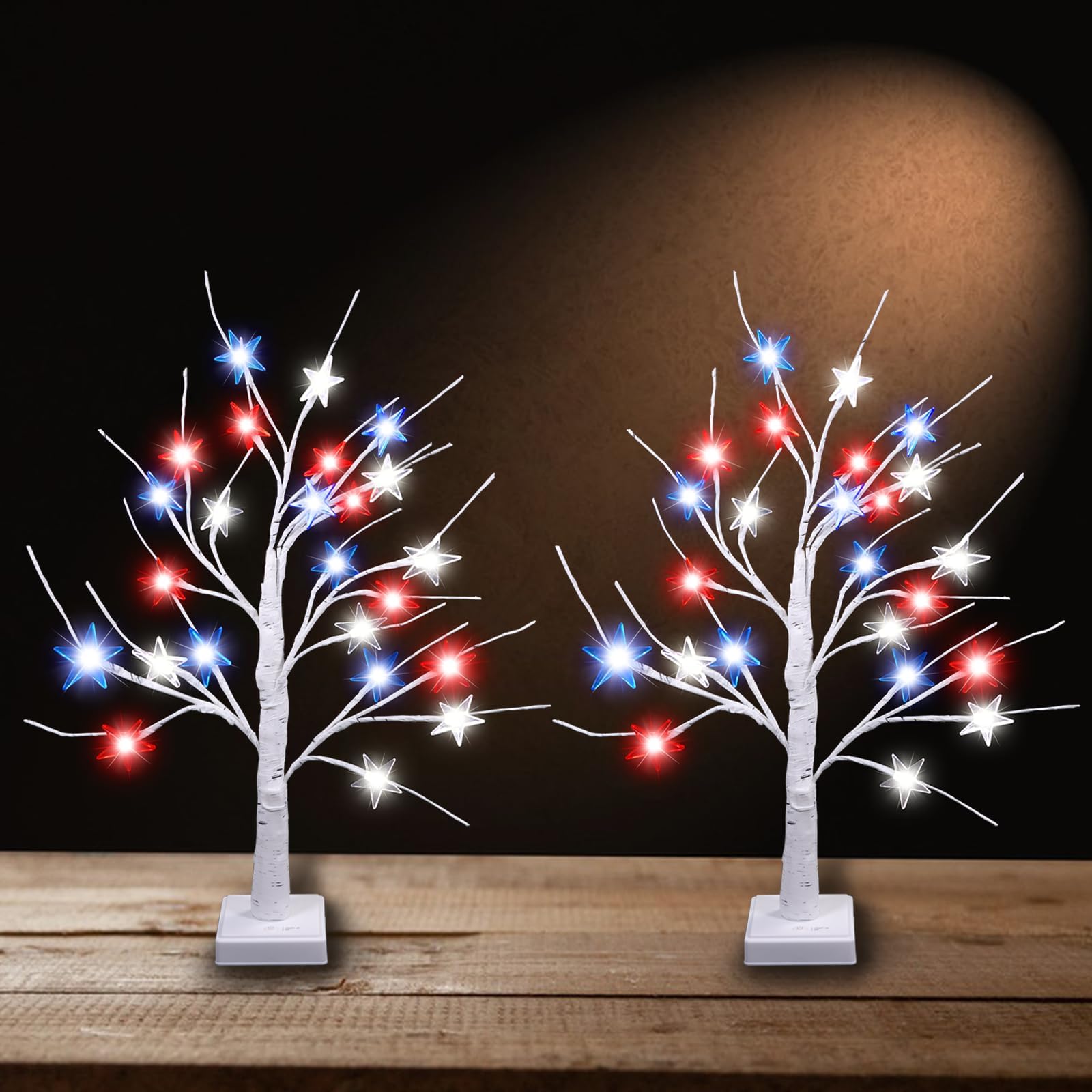 Décoration d'arbre patriotique de 61 cm avec 24 LED rouges blanches bleues Minuter