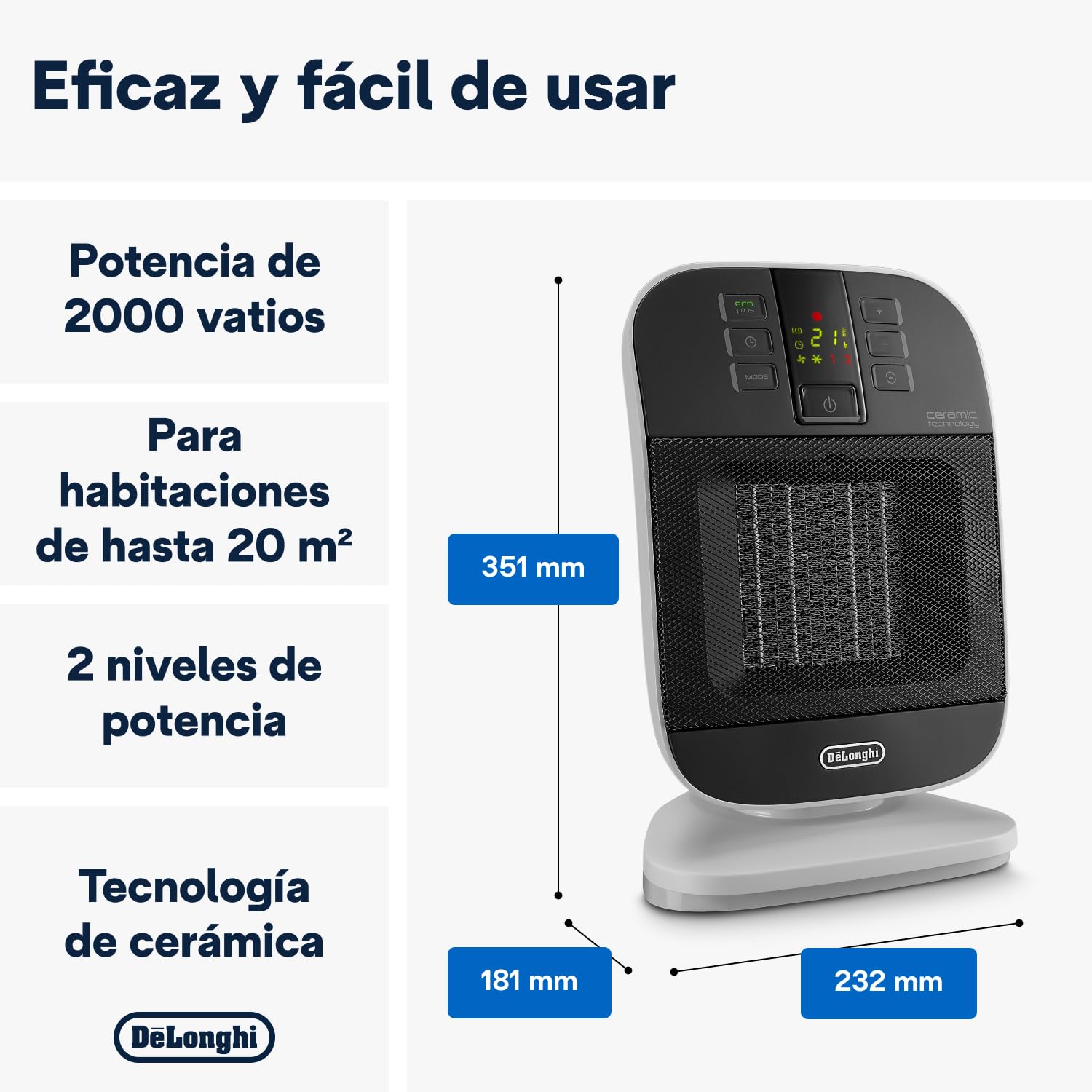 De'Longhi HFX60V20 Calefactor vertical, tecnología cerámica, silencioso, 2 niveles de potencia, ventilación de verano, temporizador 24 h, función Eco-Energy, luz, antivuelco, ligero, negro