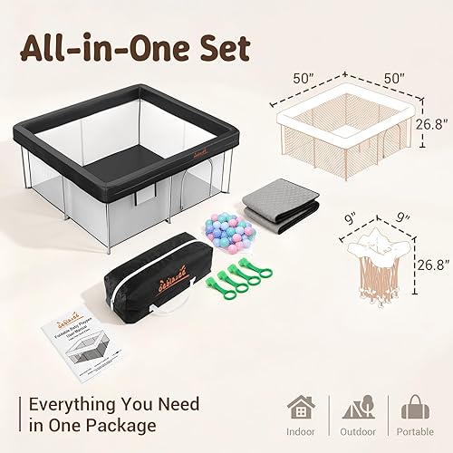 Miniatura 9 de Corralito plegable de 50 x 50 pulgadas, corralito portátil para bebés y niños pequeños, patio de juegos de seguridad de plegado rápido con bolas,