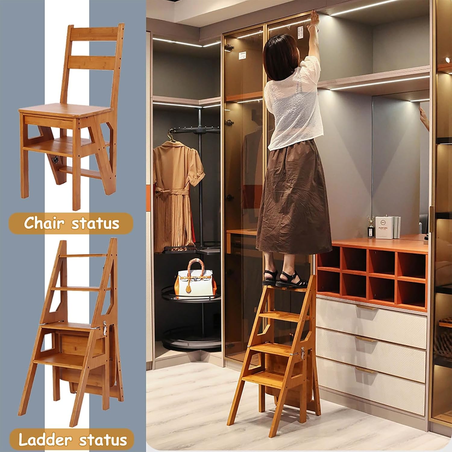 Foldable 4-Step Wooden Ladder with Backrest - Portable Collapsible Stool for Kitchen, Bathroom, Office, Shoe Bench, Indoor Use - Ideal Step Stool for Home & Flower Display