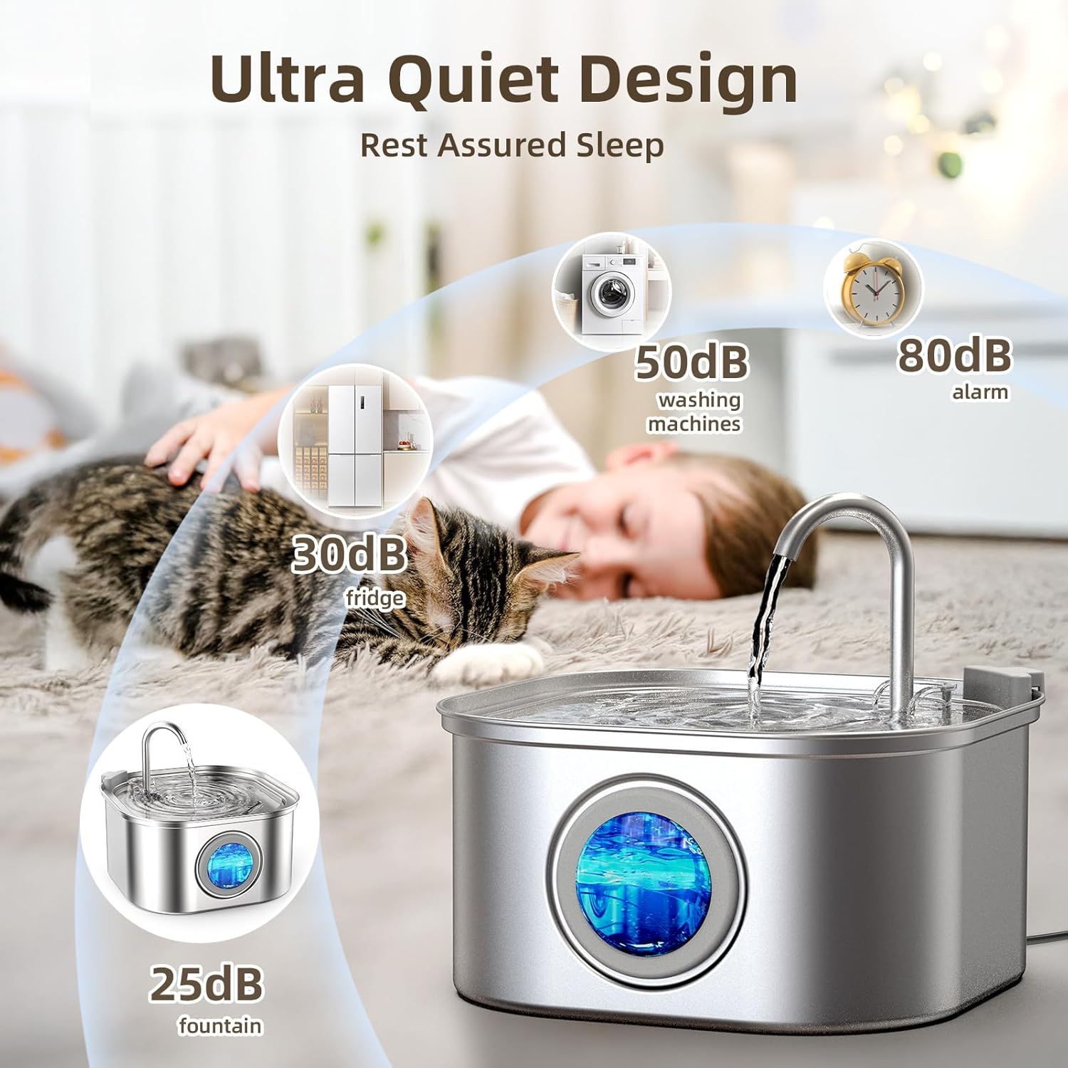 Casfuy PWS-120 Large Water Level Window Stainless Steel Dog & Cat Water Fountain, 108-oz