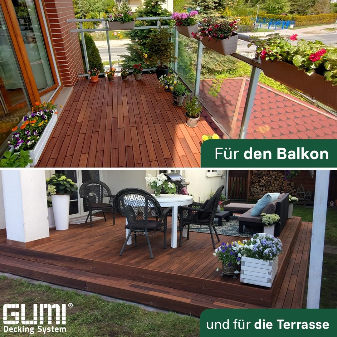 GUMI Dalles de Terrasse Dalles de Balcon Lames Clipsables en Bois Thermofrêne 1 m² – Système Modulaire pour Balcon et Terrasse | Montage sans Outils | Motif Brique | Bois Naturel