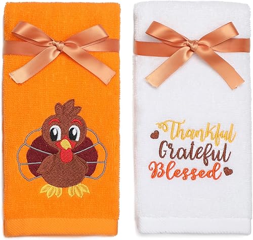 Juego de 2 toallas de mano de Acción de Gracias de otoño, 100% algodón, bordadas con pavo, decorativas, para baño, cocina, juego de 2 toallas de 14