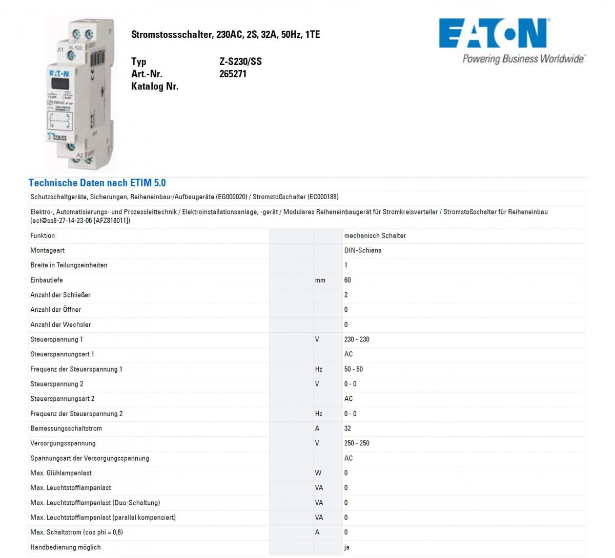 Eaton Interruttore di corrente Z-S230/SS 230VAC/16A/2S 4015082652715 bianco