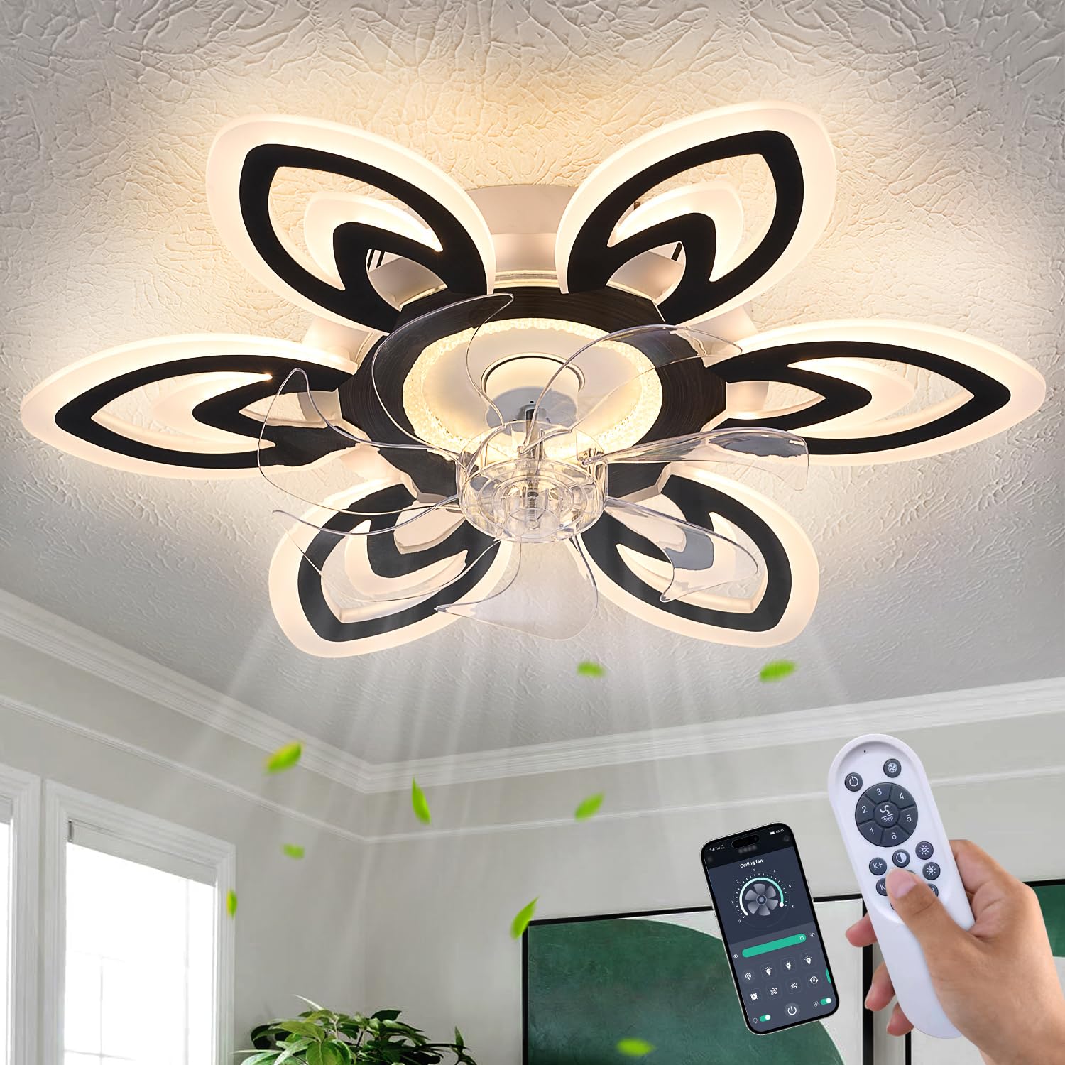 LiuShine Modern Flower Ceiling Fan with Light and Remote, Flush Mount Fandelier with 3-Color Dimmable LED & 6-Speed Silent Motor, Smart APP Control for Bedroom, Living Room, Kitchen - Black