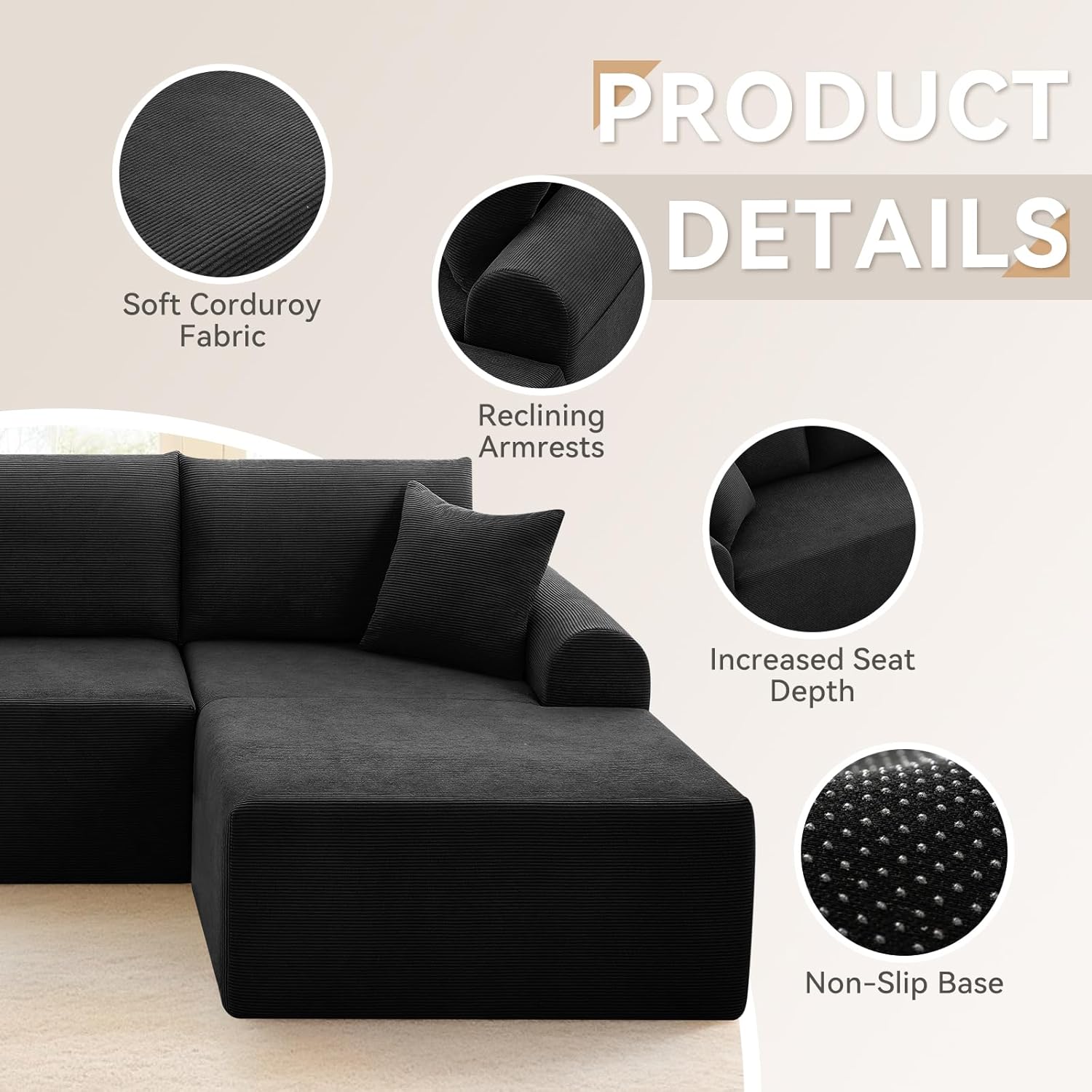 Modular Sectional Sofa with Chaise, Cloud Sectional Couch with Deep Seat, Modular L-Shape Sofa Corduroy Boneless Couch for Living Room,Bedroom,No Assembly Required(Black, Right Facing Chaise)