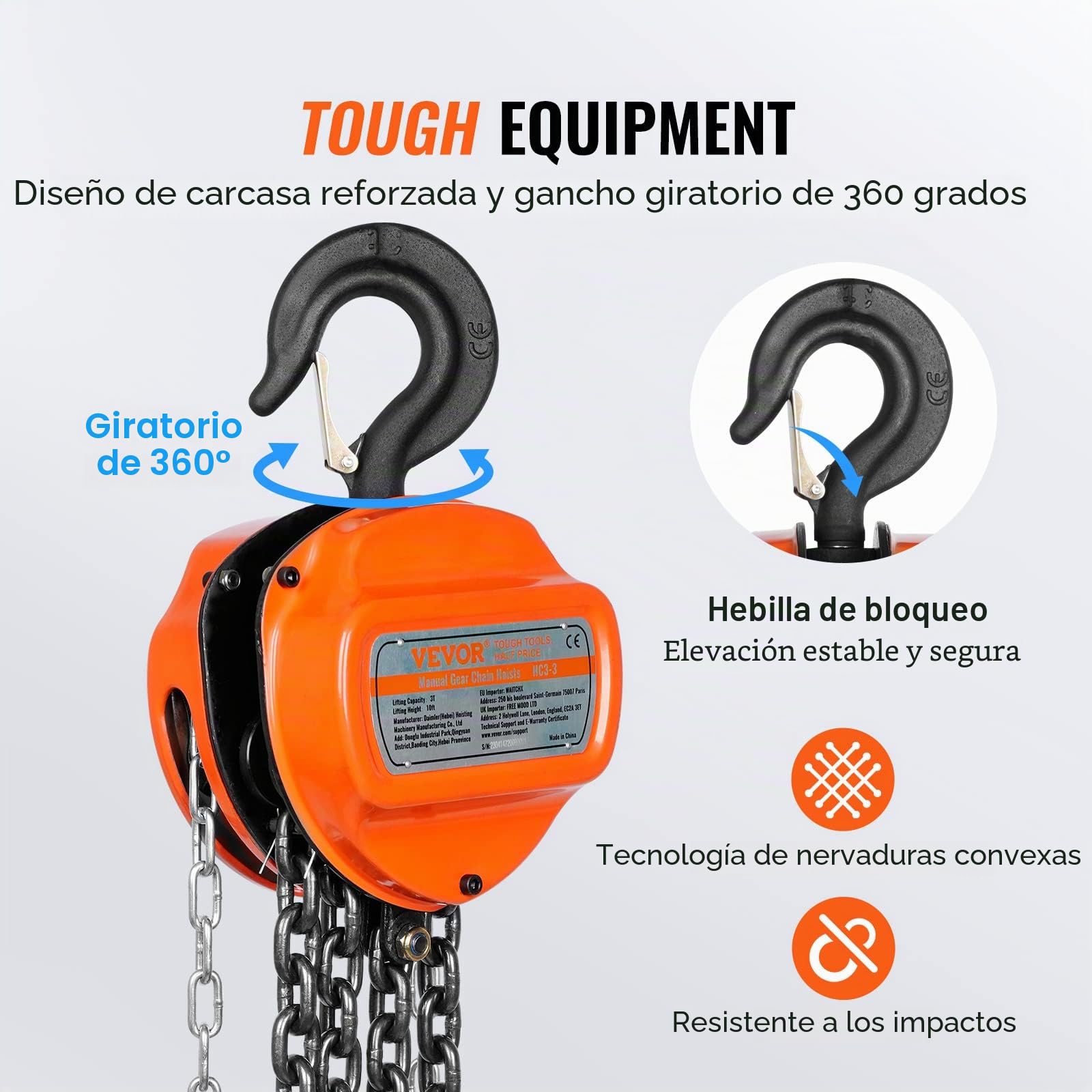 VEVOR Polipasto de Cadena Manual 3 T Polipasto de Cadena con Gancho de Bloque de 360° Altura de Elevación 2,8 m Acero Aleado G80 Guía de Cadena con Freno de Doble Trinquete para Garajes de Mercancías