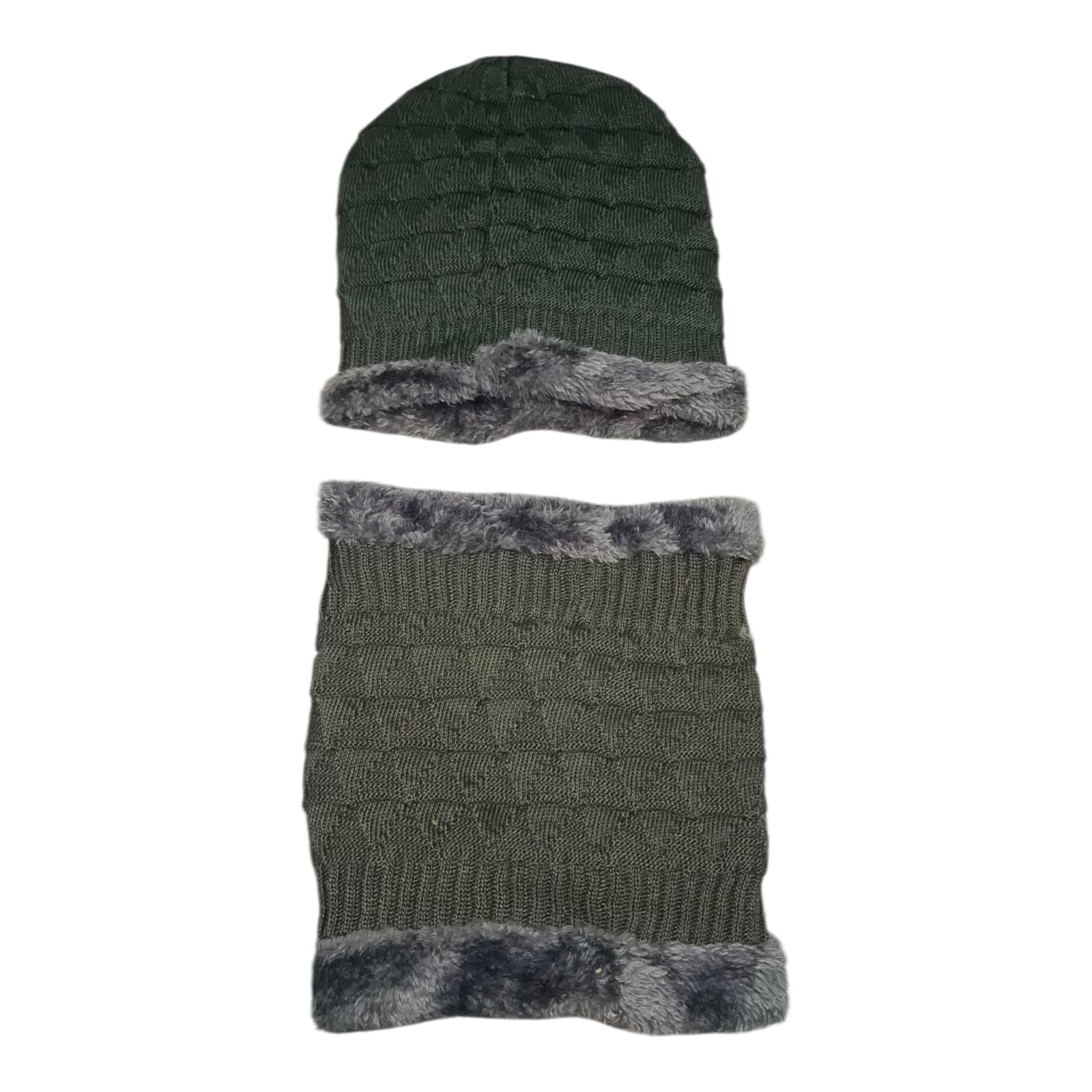 Winter Knit Beanie Cap and Neck Warmer Set, Olive Green Ribbed with Faux Fur Lining, Thermal Cold Weather Wear for Adults-image-11