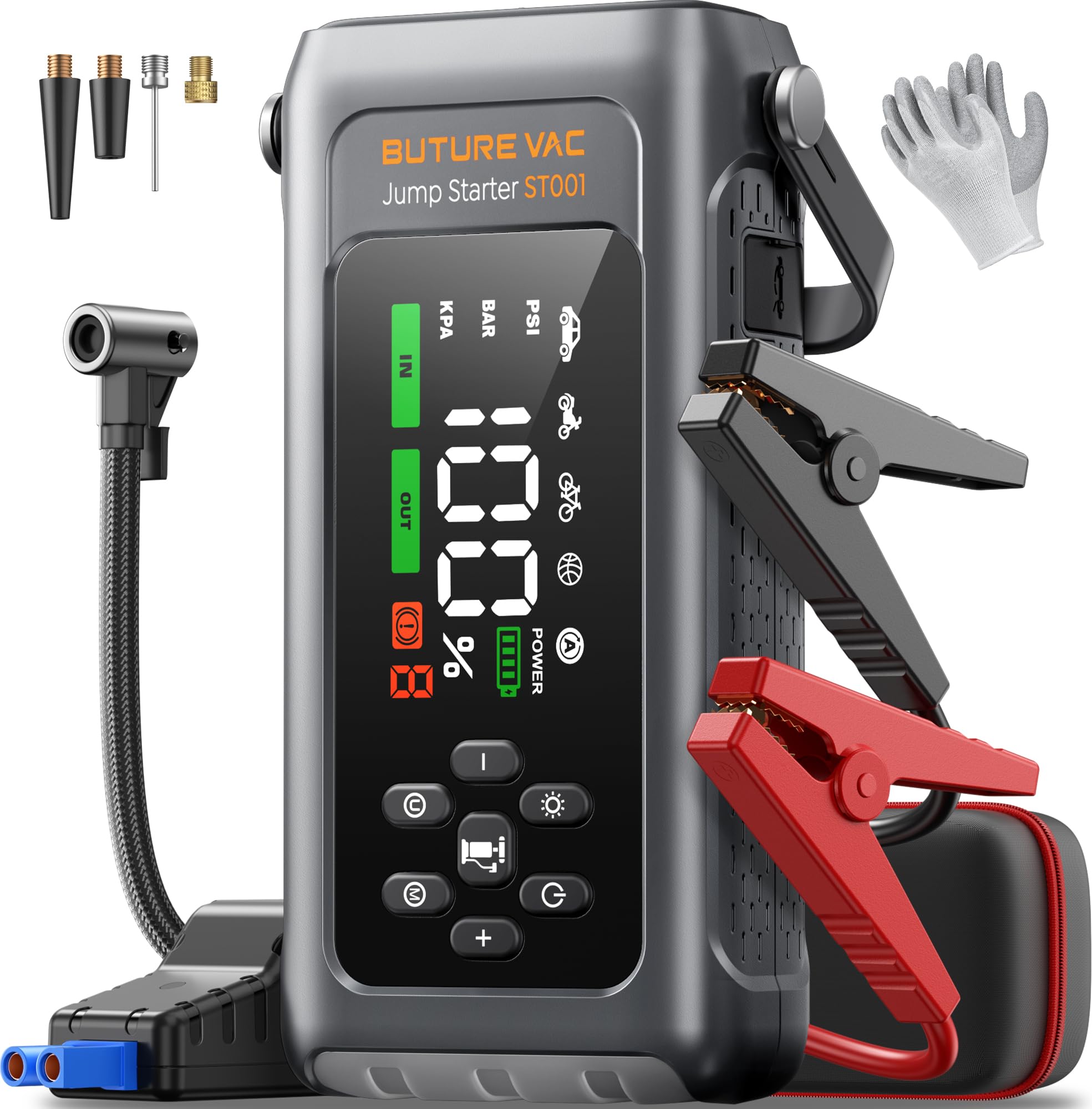 5000A Starthilfe Powerbank mit 150PSI Kompressor, 12V Auto Starthilfe Powerbank für 12 V(Bis zu All Benzin und 9.0L Dieselmotor)，Booster Auto Starthilfe mit Taschenlampe, Zwangsstart, Handschuhe