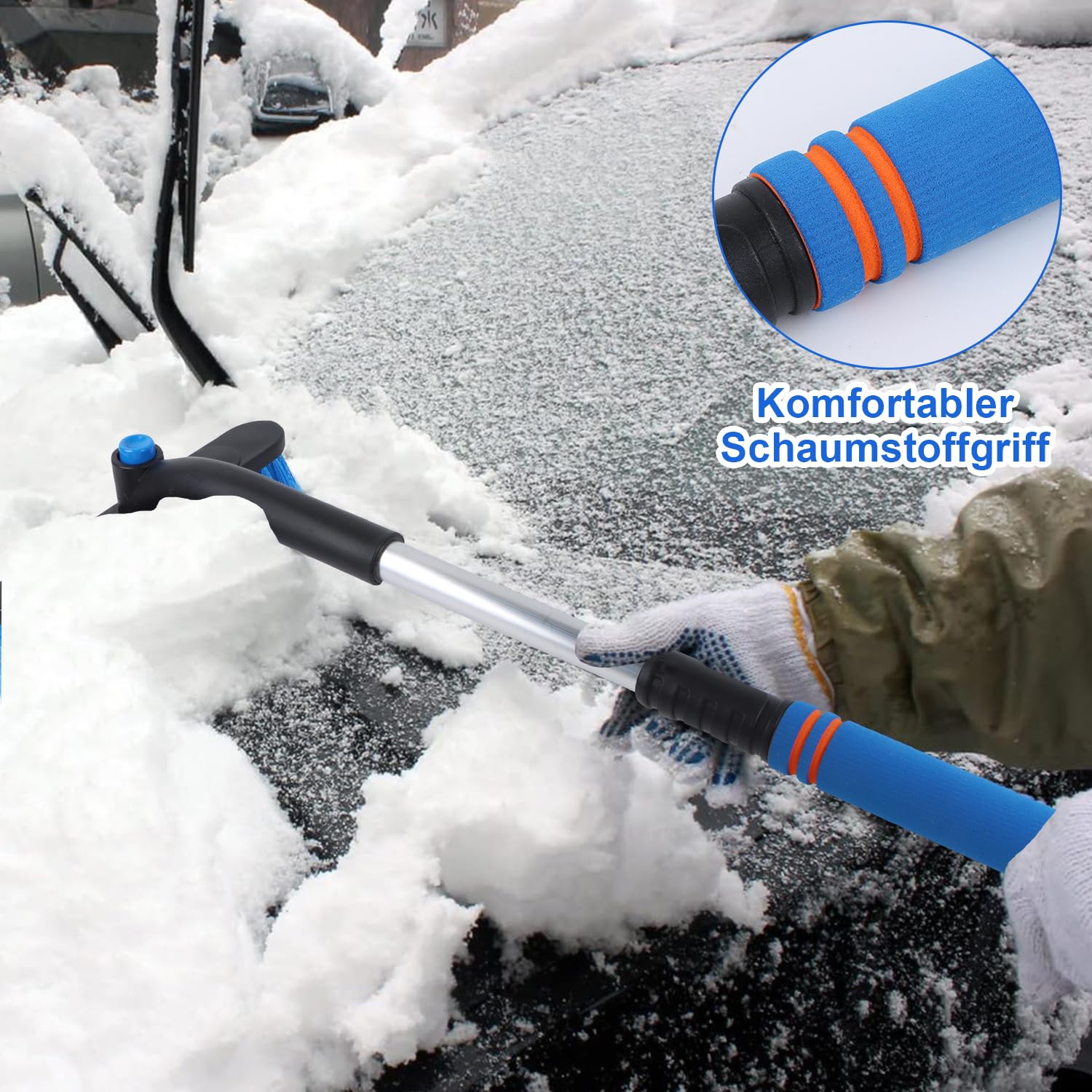 Skrobaczka do lodu z miotełką do śniegu, rozsuwany skrobak do śniegu, auto 73 cm, niebieski, zdejmowana skrobaczka do lodu z ergonomicznym uchwytem z pianki, szczotka do czyszczenia samochodów