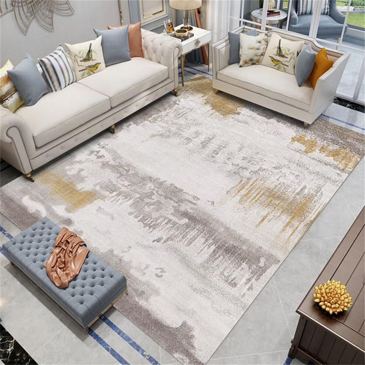 Tapis interieur entree lavable grand format 140x200 jaune gris pour salon