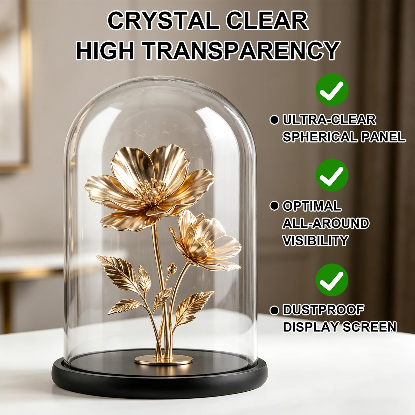 AKOLAFE Campana de cristal con base de madera, 20 x 30 cm, cúpula decorativa de cristal, cúpula decorativa de cristal, campana de cristal de 30 cm de alto, campana de cristal con base para