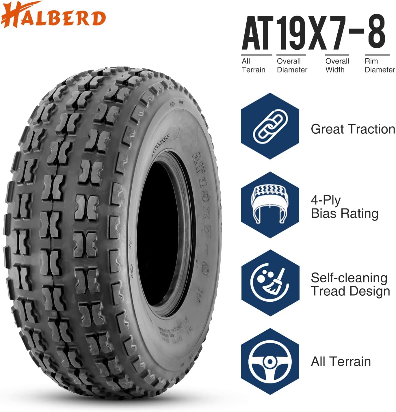 HALBERD 19x7-8 ATV Tires, 4PR Front Tires, Set of 2, Tubeless, All Terrain, Bias Construction