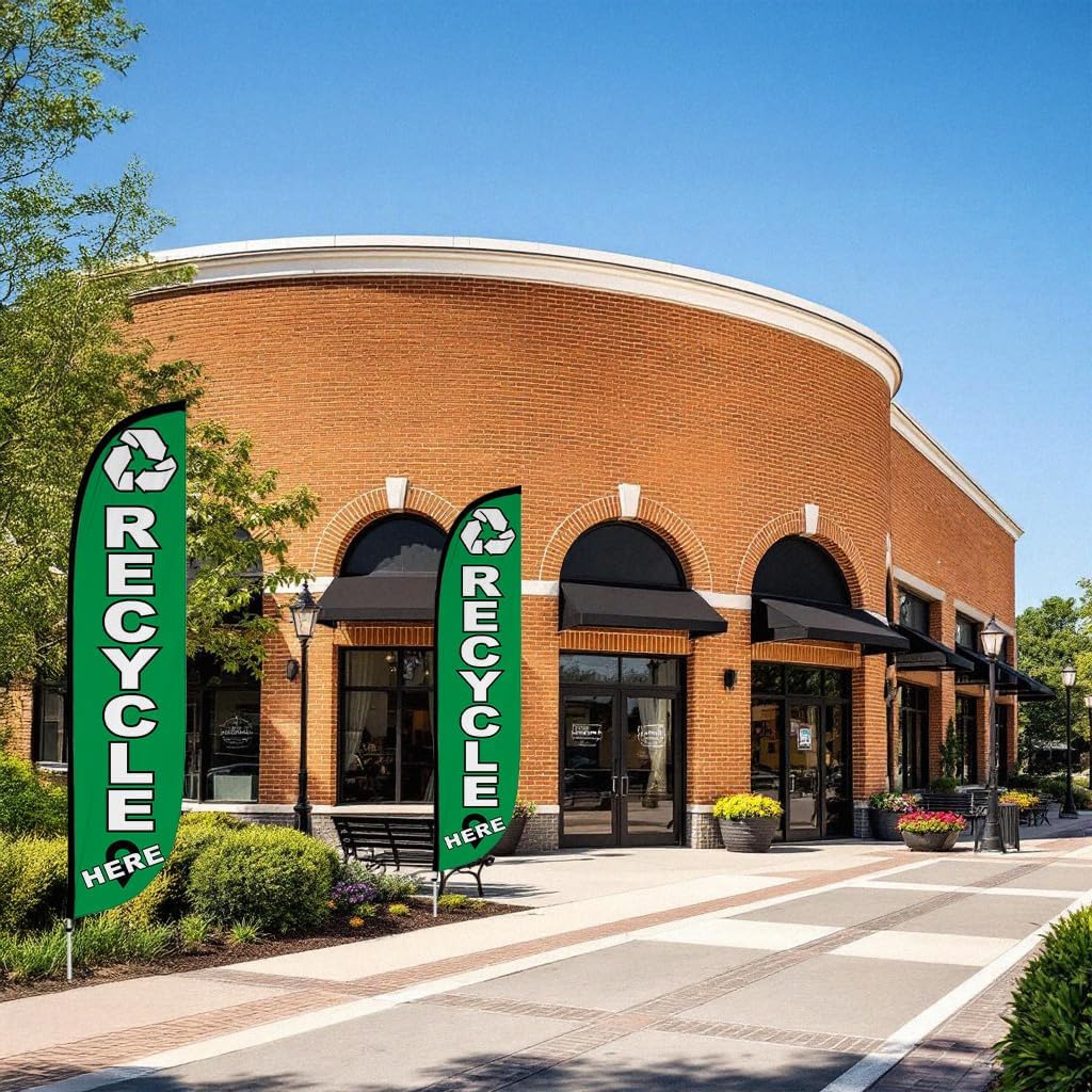 LookOurWay Feather Flag Pole Kit - 12 Feet Tall Advertising Flag Banner with Fiberglass Pole Kit and Ground Spike for Business Promotion - Business Flags - Recycle Here (10M1200303)
