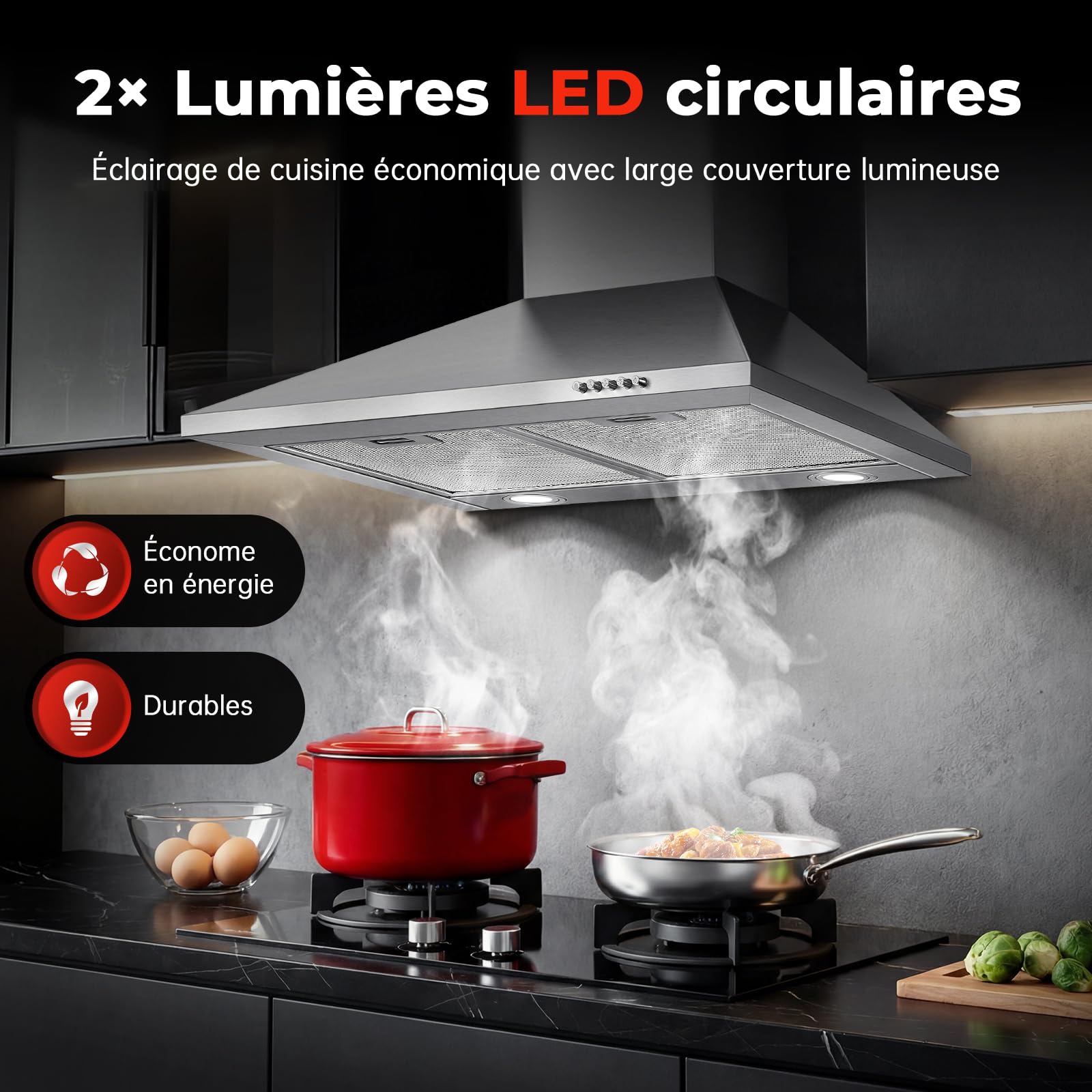 Hotte Aspirante 60cm 450m³/h Classe A+++ Inox 3 Vitesses Éclairage LED Filtre à Charbon Inclus