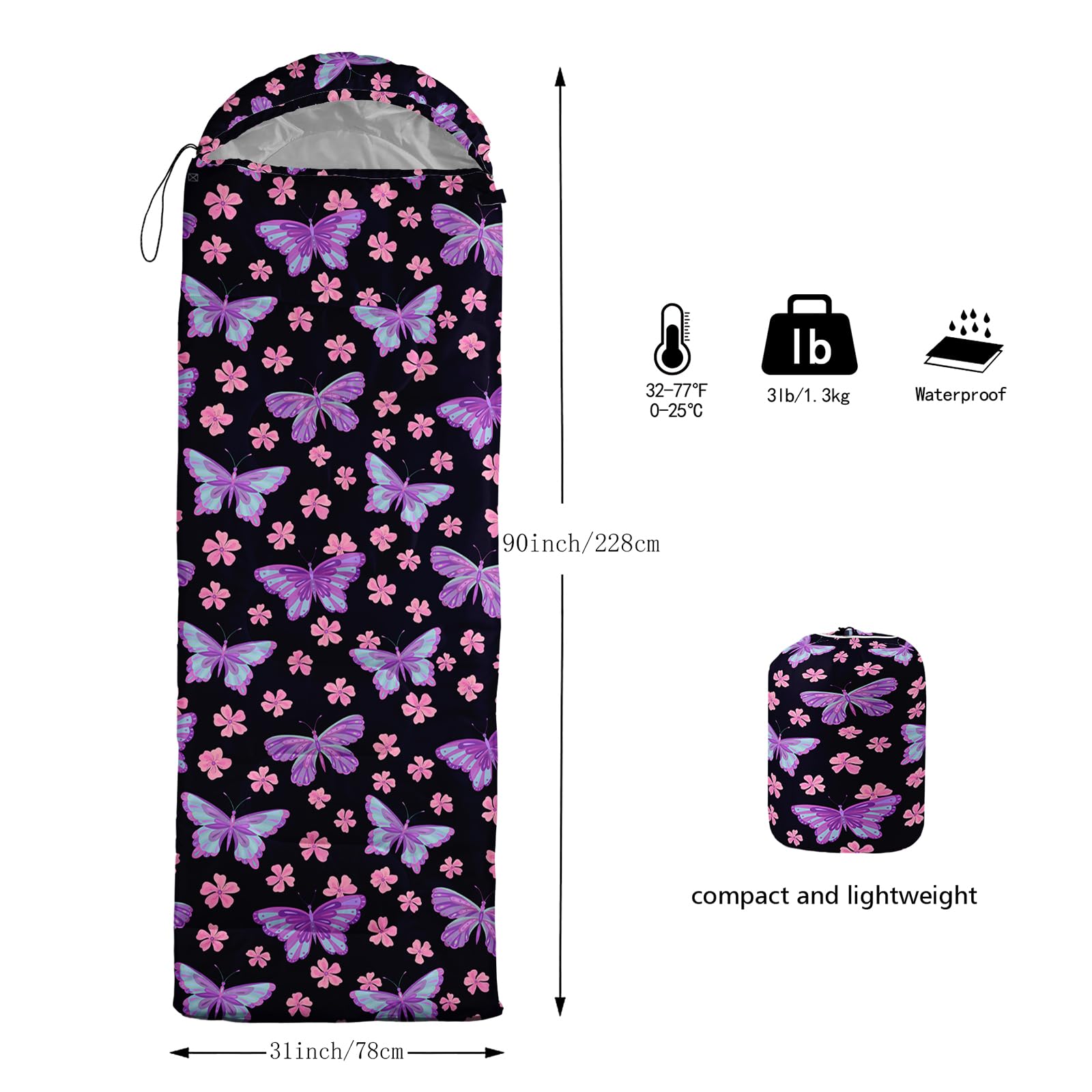 AILONEN Sleeping Bag for Girls Adults Purple Butterflies Slumber Bag with Compact Carrying Bag 3 Season Teens Outdoor Camping Hiking Travel Lightweight & Waterproof Microfiber