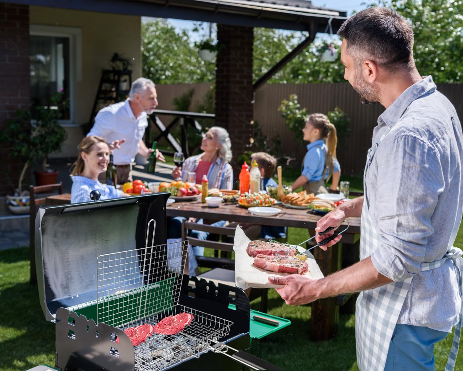Cesta para parrilla, cesta de parrilla con cepillo de limpieza de parrilla, cesta plegable de acero inoxidable, para pollo, carne, filetes, chuletas (2 cestas grandes para parrilla + 2 cepillos)