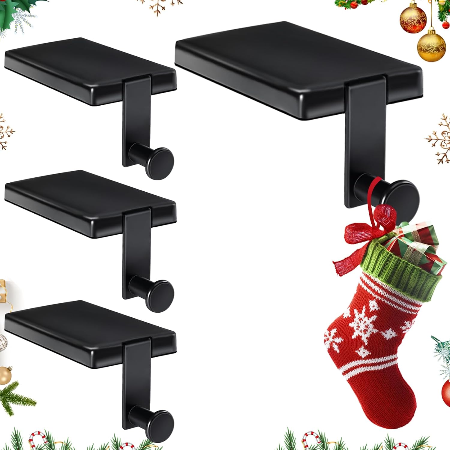Homjoy 4 Pack Metal Christmas Stocking Holders for Mantle Heavy Duty Black Stocking Hangers Stocking Hook Christmas Ornaments for Counter Tables Window Fireplace Mantle Decoration