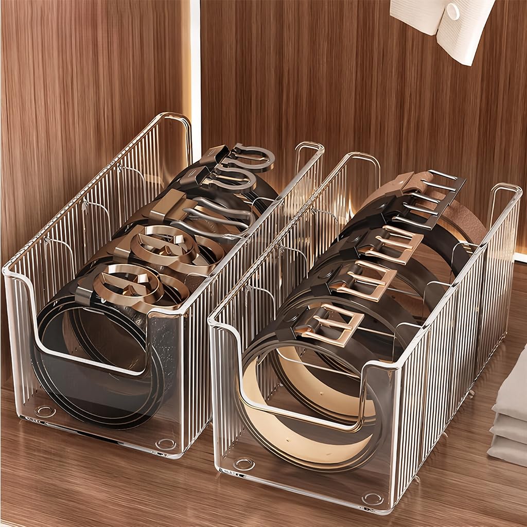 HASTHIP® Belts Organizer Case, Pack of 2 Clear PET Ribbed Organizer Box, Compartmentalized Storage Case with Flexible Divider Inserts, Wardrobe Belt Holder, 13.5x26x11cm-image-12