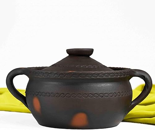 Miniatura 6 de Olla de cocina primitiva oscura flameada de viento alto con asas, grabada a mano, hecha de arcilla de fuego: diseño compacto para estufa y fuego