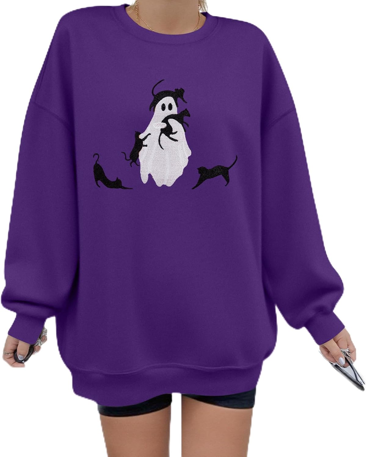 Halloween Spooky Season Sweatshirt Women: Oversized Black Cat Ghost Sweatshirts Fall Embroidered Pullover Top