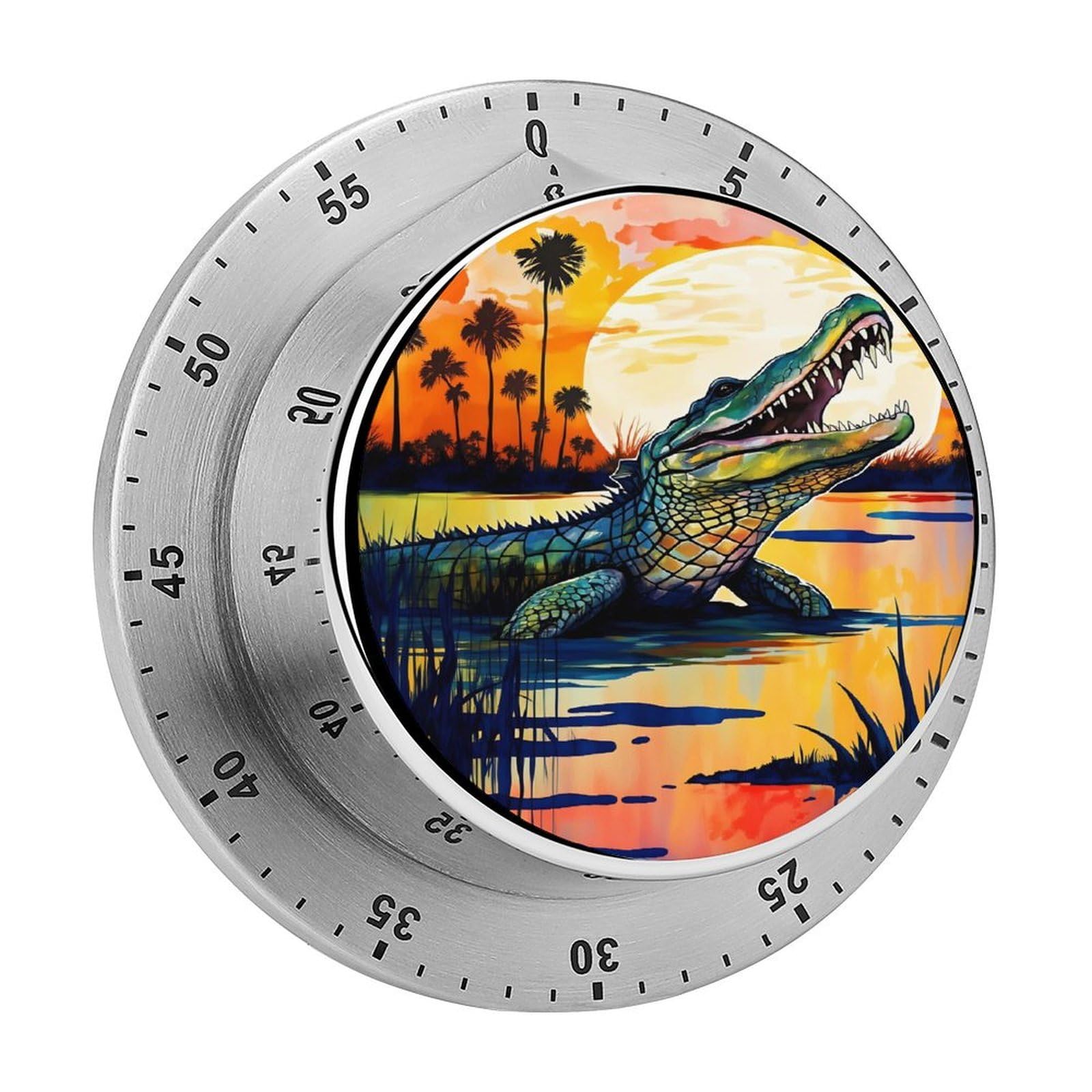 Crocodile Alligator and Sunset 60 Minute Wind Up Timer,Visual Mechanical Magnetic Timer with Loud Alarm for Kitchen