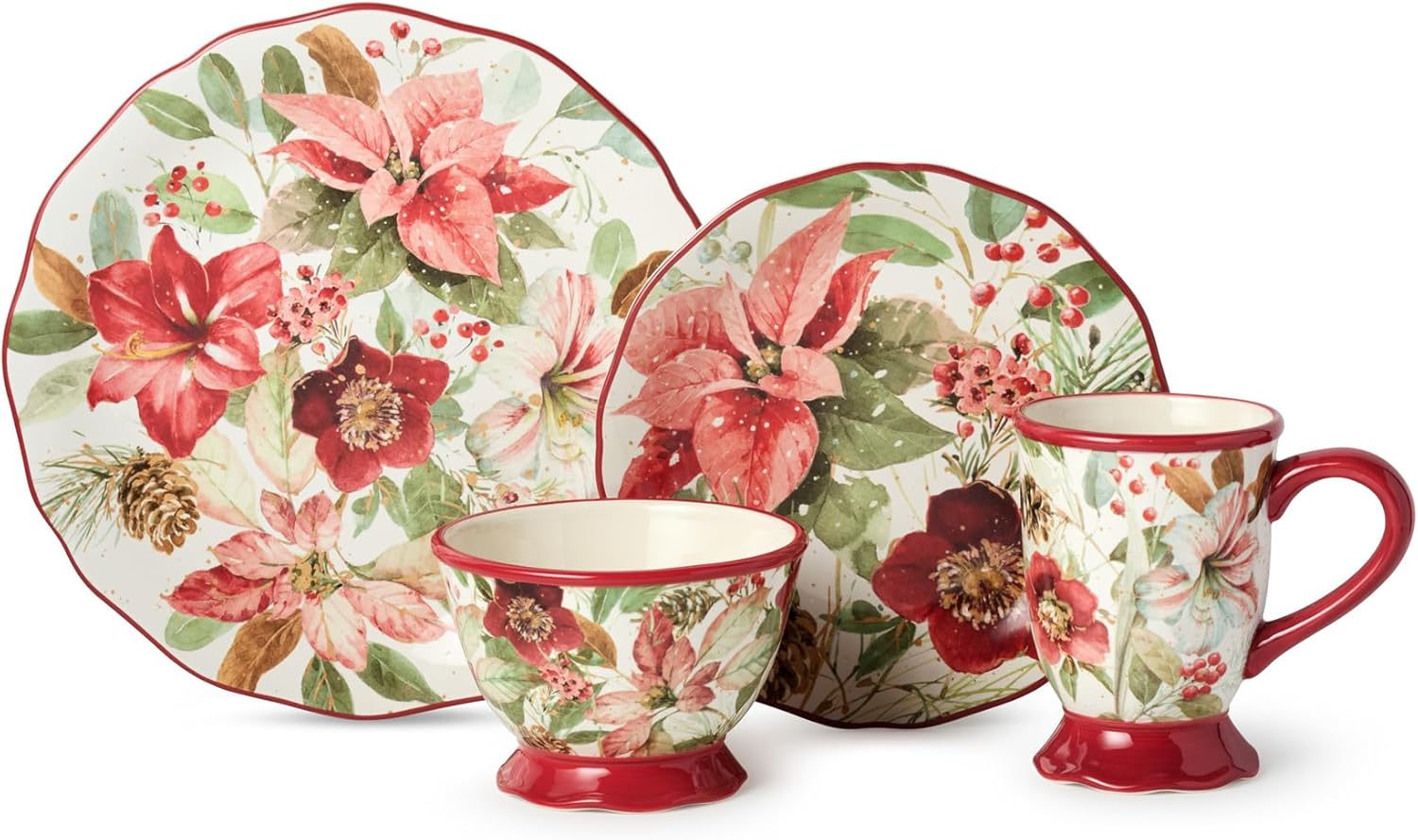 Winter Blooms 16-Piece Romantic Holiday Dinnerware Set – Elegant Floral Plates, Mugs & Bowls for 4 – Dishwasher & Microwave Safe Christmas Tableware with Poinsettia Charm