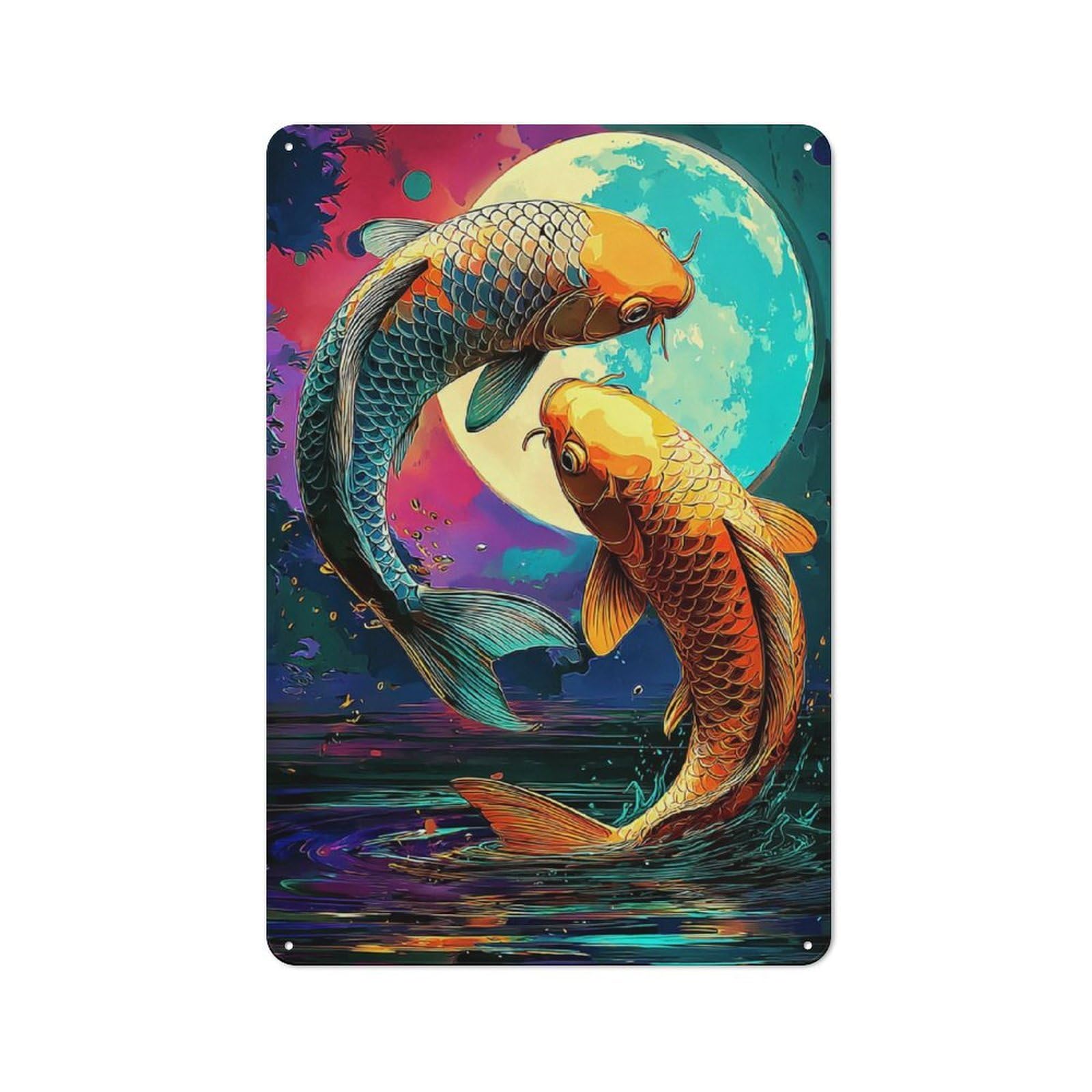 Junmoney Colorful Koi Fish Dance Against Moonlit Sky Tin Wall Plaque 30X20cm With For Bar Or Restaurant, Housewarming Present For People Styling Bar And Restaurant