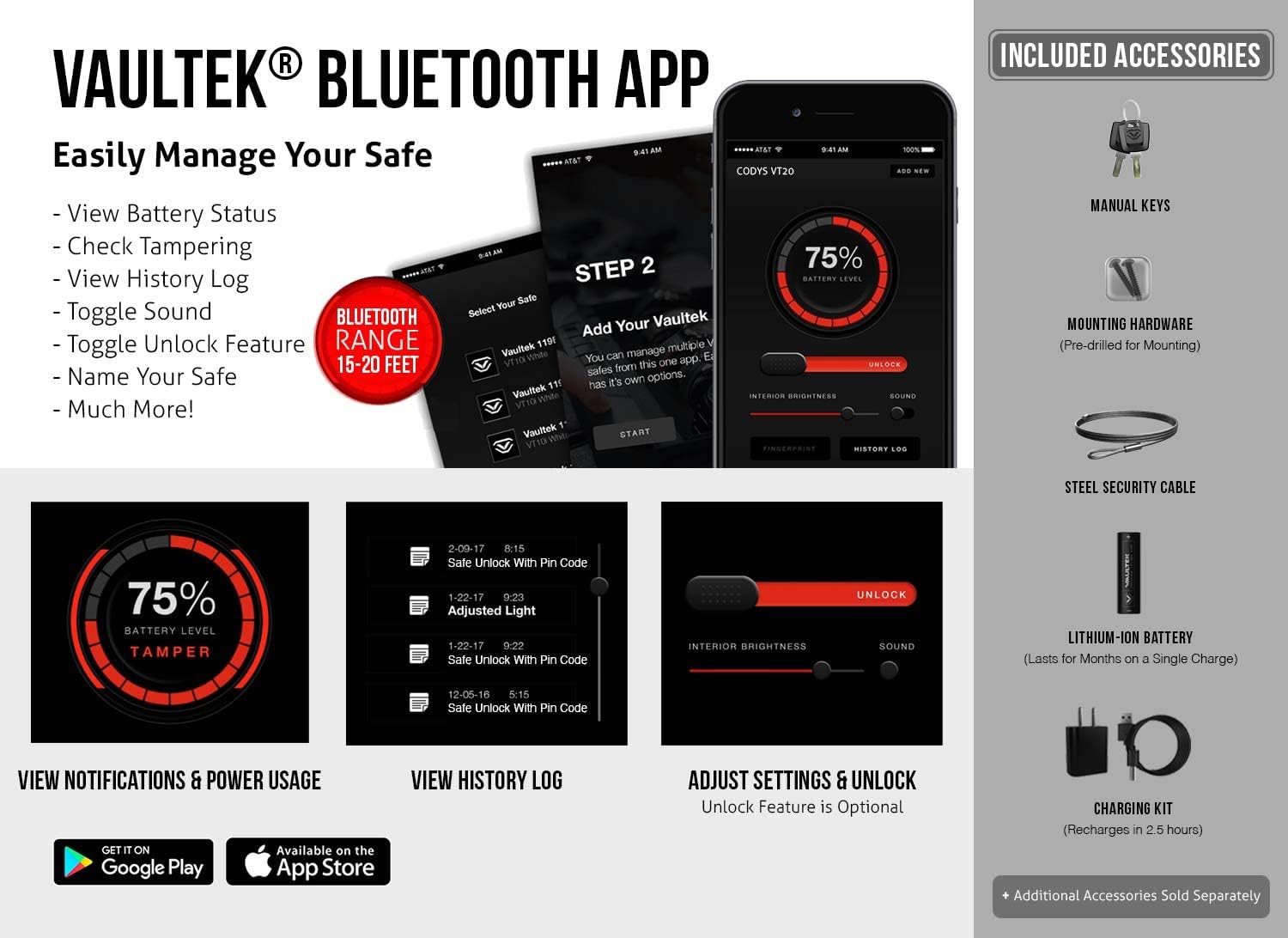 Screenshots of the VAULTEK Bluetooth App interface