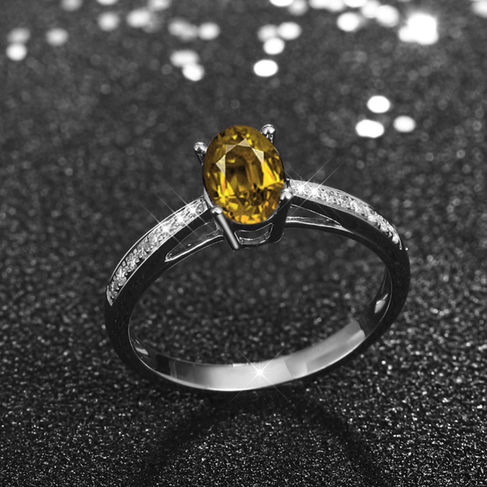 Daesar Anello Fidanzamento Donna, Anello da Donna in Argento 925 Classica 4 Griffe Ovale Zirconi Giallo Anello Anniversario Argento
