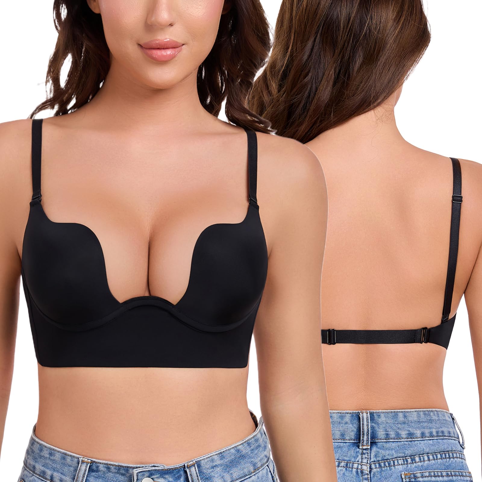 Curyon Plunge BH Rückenfrei Push Up Tiefer U-Schnitt Körbchen mit Bügel Kleine Brüste [Cup A-D] Niedrigem Rücken BHS für Zeremonien Hochzeiten Abschlussfeier Ball Feste Dating Alltag