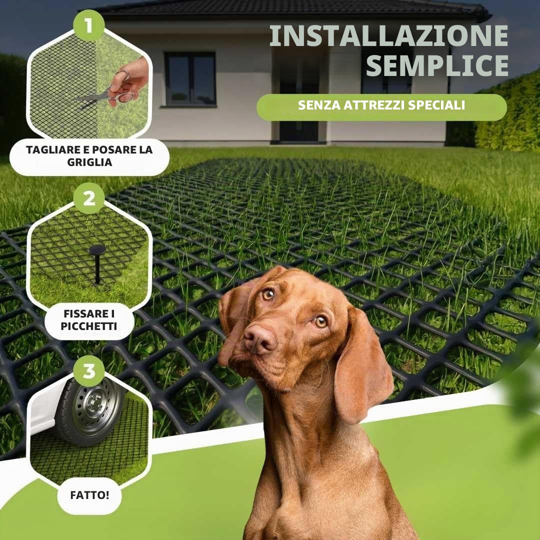 Florade Griglia per prato, larghezza 1,3 m, griglia contro cani che scavano, griglia in plastica HDPE per rinforzare il prato, maglie da 30 mm, 600 g/m², flessibile, lunghezza 10 m + 30 picchetti di