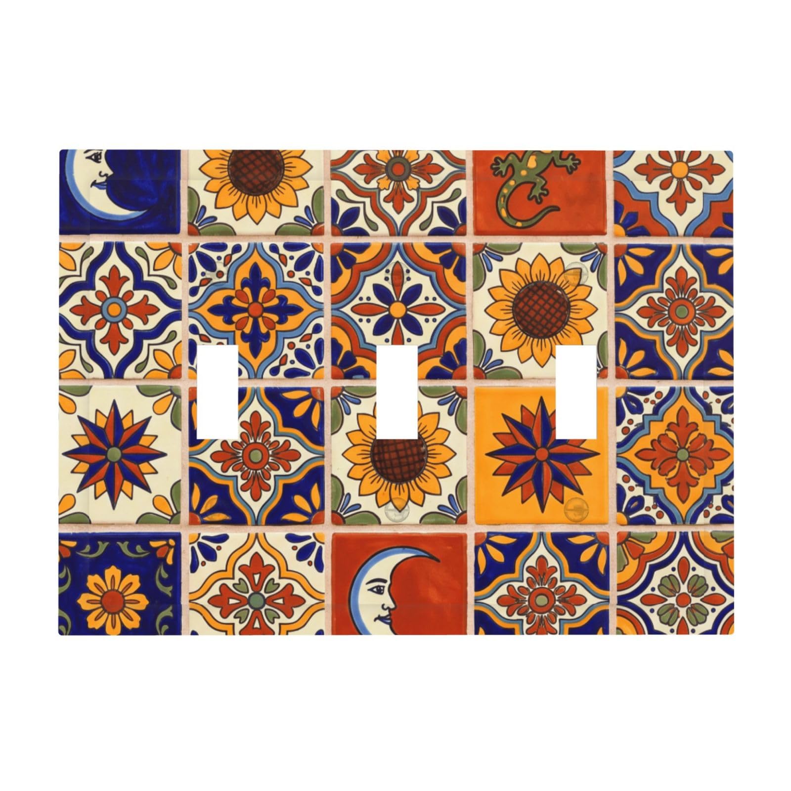 DWBGUO Decorative Light Switch Cover Plate Colorful Mexican Talavera Tile 3 Gang Wall Plates for Electrical Outlets Triple Toggle Switch Plate Covers Outlet Covers Faceplate for Kitchen Home Decor