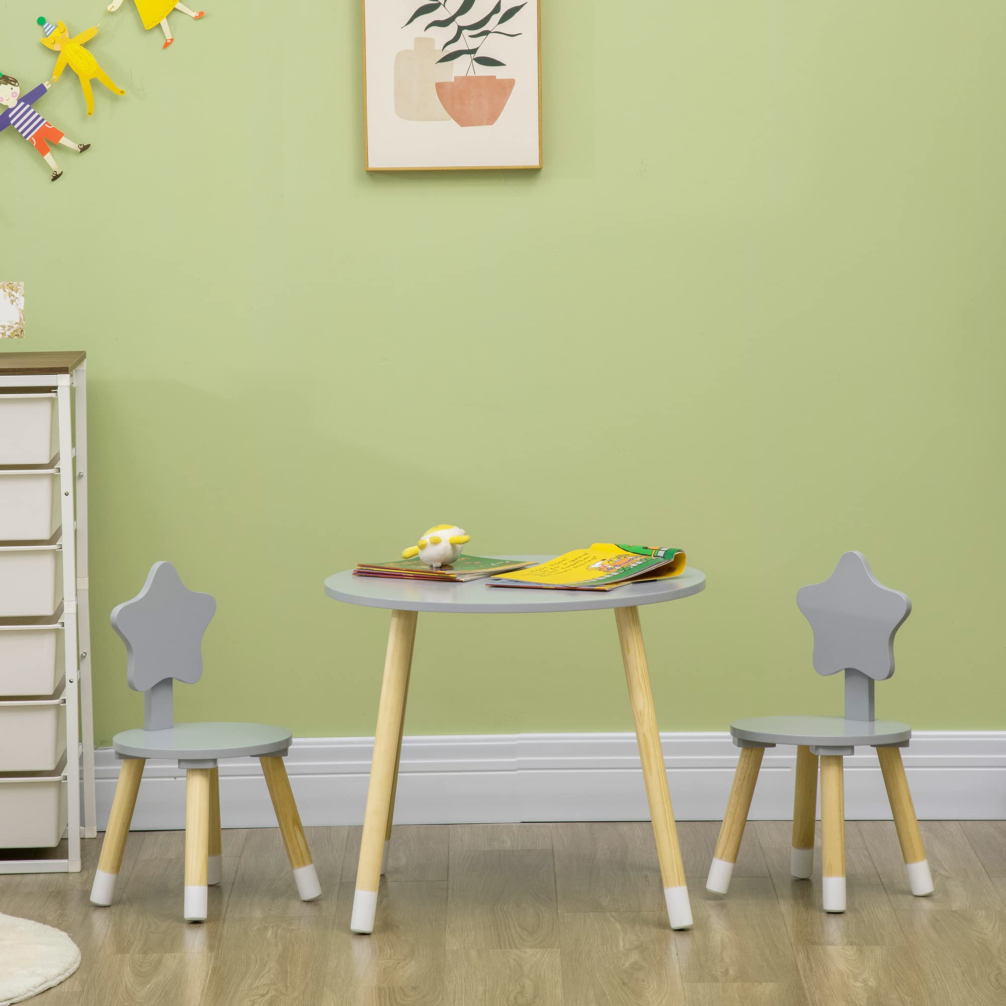 HOMCOM Juego de Mesa y 2 Sillas de Madera para Niños con Mesa Redondo Ø59x50 cm y Sillas Ø28x51 cm Muebles Infantiles para Sala de Juego Dormitorio Gris