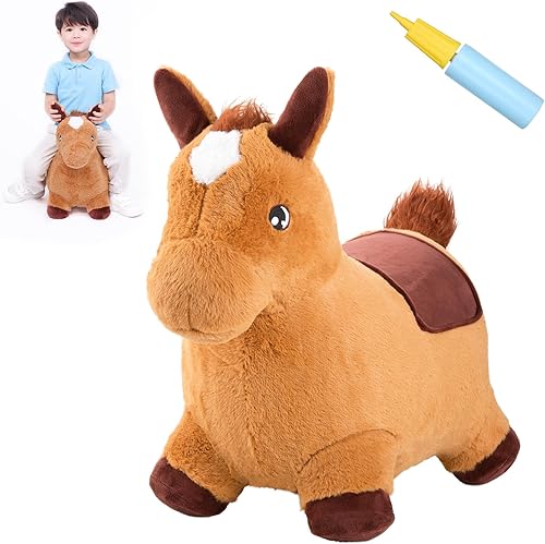INPANY Caballo hinchable para niños pequeños, tolva de caballo rebotante marrón de peluche, juguetes de animales para niñas y niños, regalos de