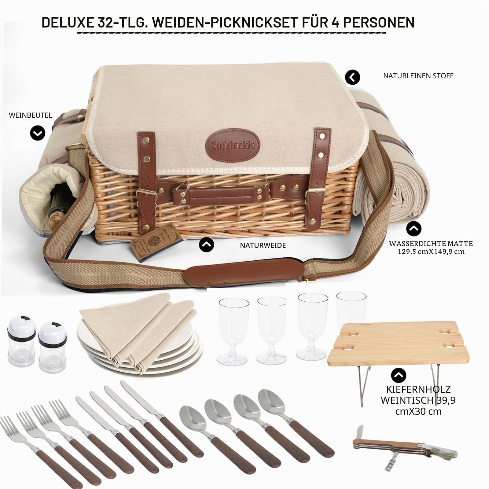 Multifunktionales Picknickkorb-Set aus Weidengeflecht für 4 Personen mit Decke und Picknicktisch, isoliertes Picknick-Set mit vollem Geschirr für Camping, Outdoor-Paare, Natur