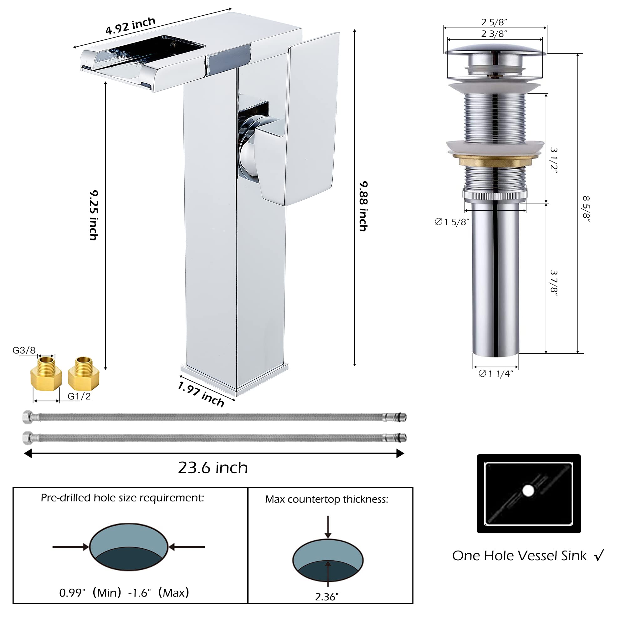 Bathroom Vessel Sink Faucet Chrome Waterfall Led Color Changing By Temperature Bowl Sink Faucet 1 Hole Right Handle Without Overflow Pop Up Drain Stopper Lavatory Vanity Bath Basin Tap Tall