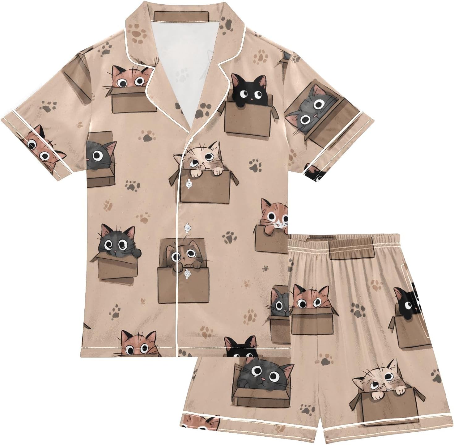 Kids Casual Satin Wear Set Cat in Paper Box Pattern Unisex Short Sleeve Clothing for Relaxing
