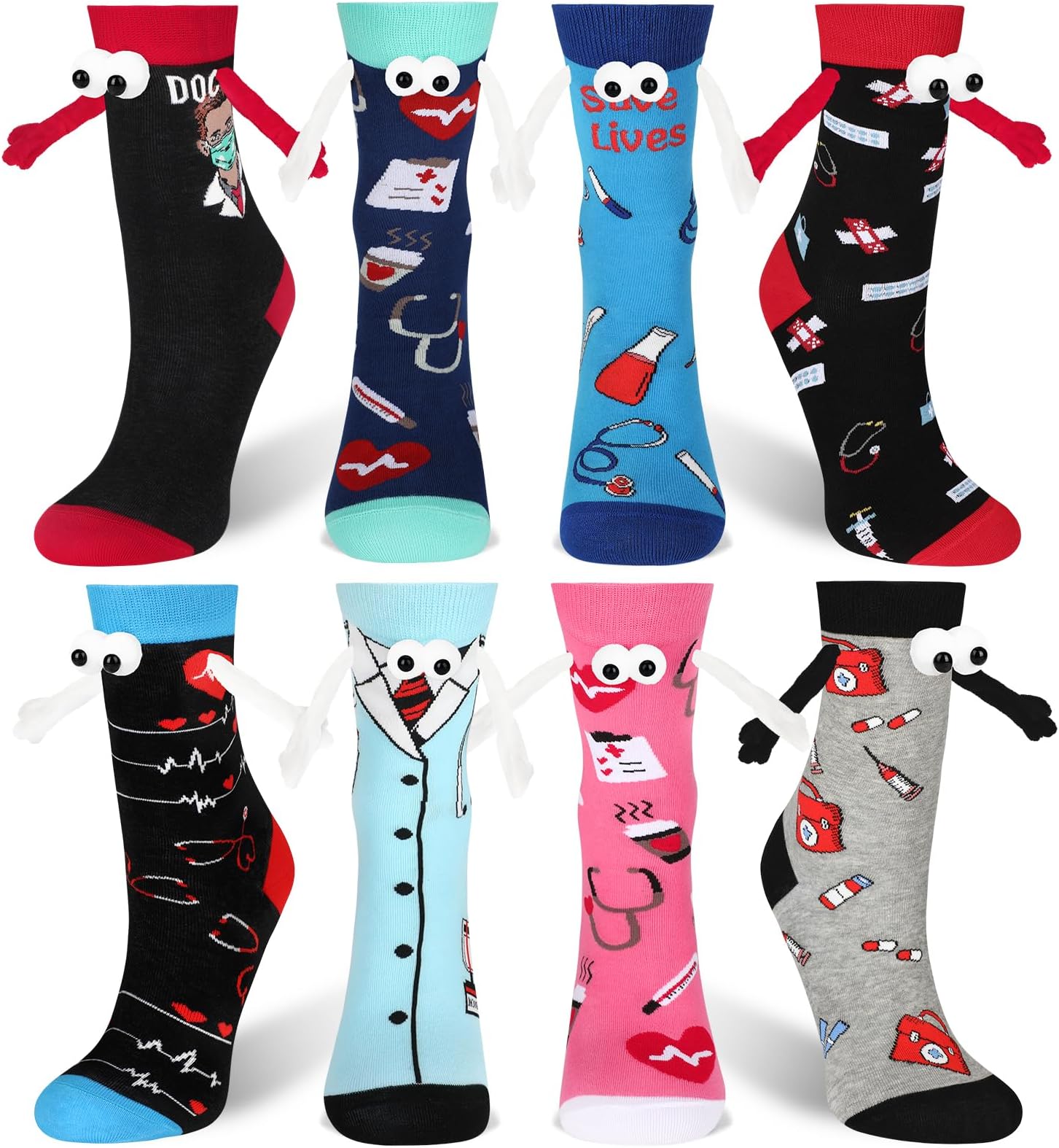 CASLON 8 Pairs Nurse Holding Hands Socks for Women Girls Novelty Funny 3D Nurse Gift Socks Magnetic Holding Socks for Nurses Doctor Couples Student Friends Graduation Gifts