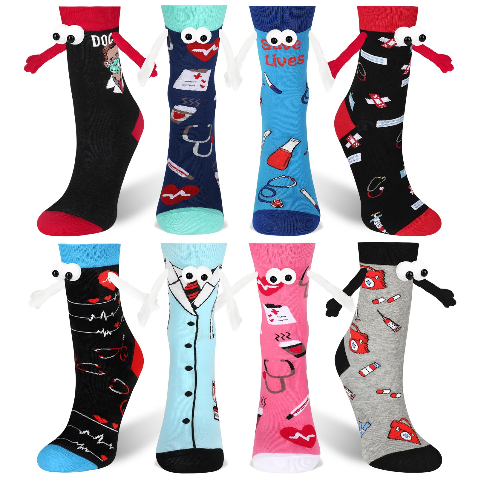 CASLON 8 Pairs Nurse Holding Hands Socks for Women Girls Novelty Funny 3D Nurse Gift Socks Magnetic Holding Socks for Nurses Doctor Couples Student Friends Graduation Gifts