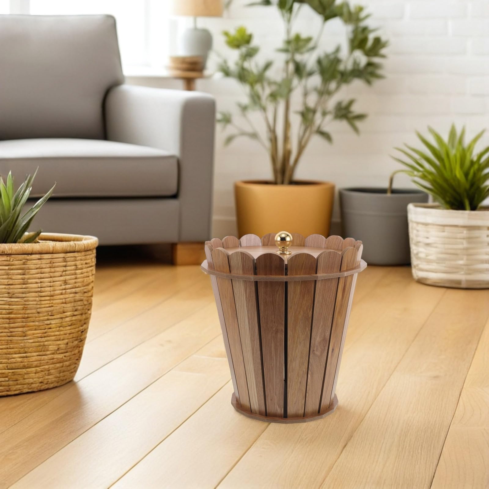 NUOBESTY Runder Stabiler Holz Mülleimer in Khaki für Bad und Büro mit Rustikalem Bauernhausstil und Stilvollem Holzdesign für Vielseitige Nutzung