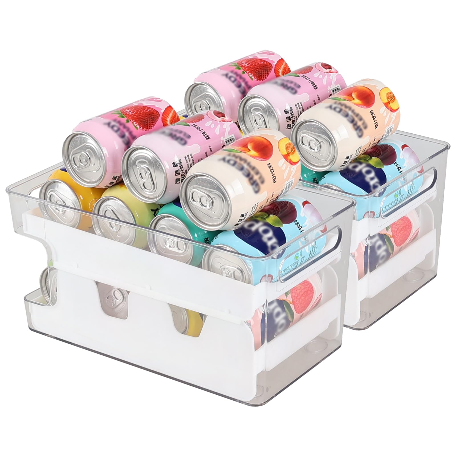Quickquick Clear Rolldown Can Dispenser, Rolling Soda Can Dispenser, 2-layer Refrigerator Organizer Bins for Standard 12 oz Can, 2 Packs