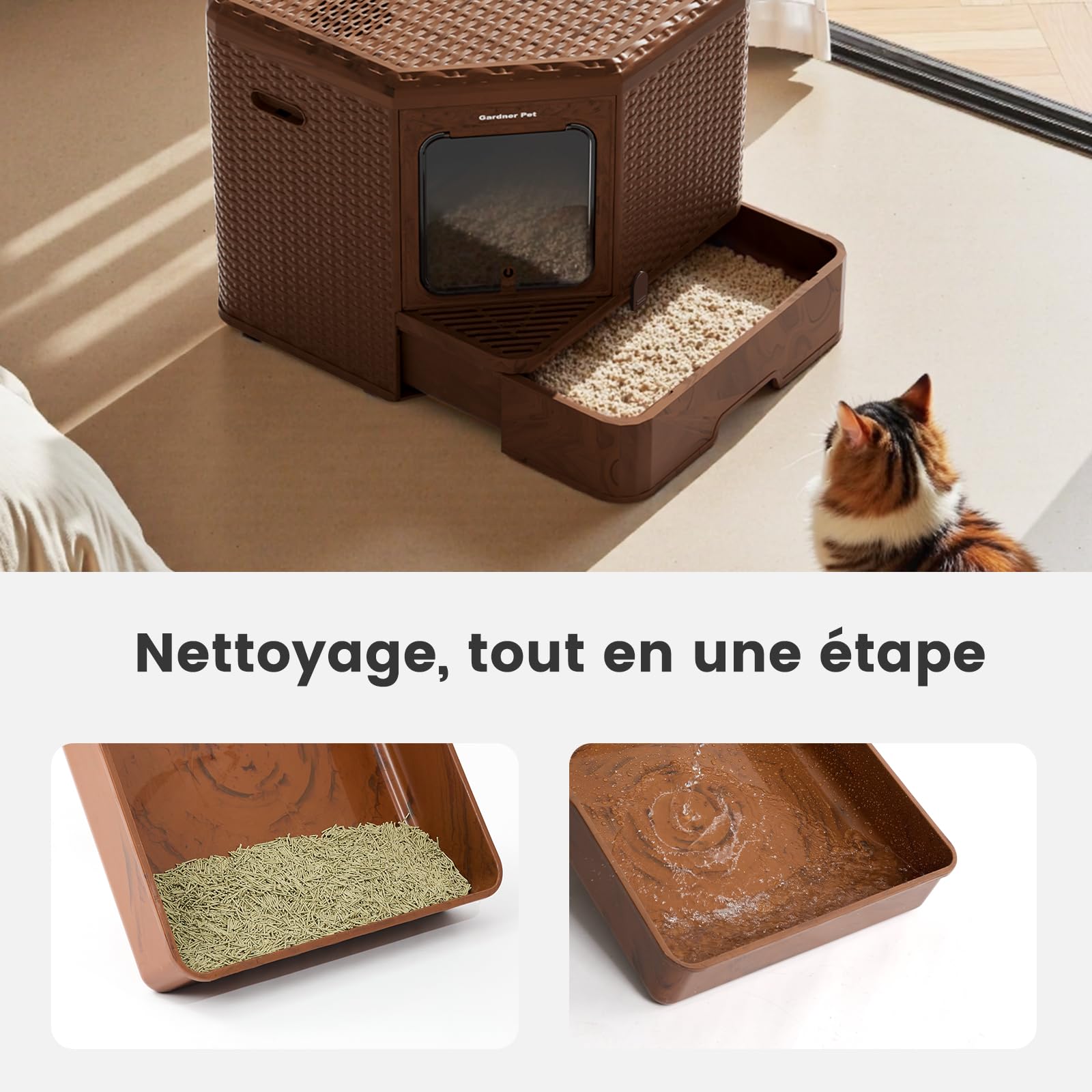 Gradner Pet Maison de Toilette pour Grand Chat XXL Anti Odeur, Brun | Bac à Litière, Caisse Litière Fermée, Compartiment Inférieur Amovible, Nettoyage Facile, Intimité Sécurisée