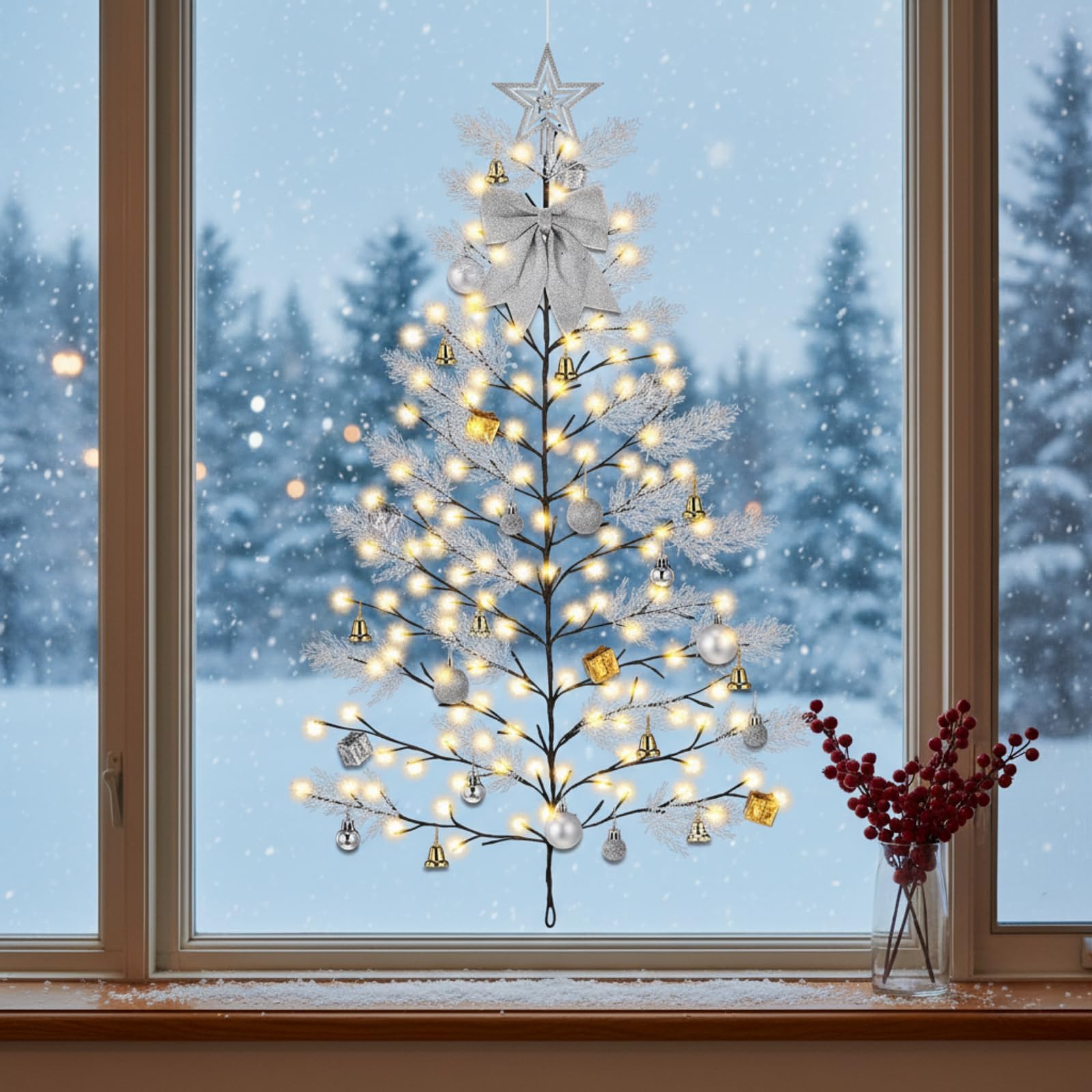 Leyndo Sapin de Noël mural 144 LED de 1,5 m avec lumières 8 modes, télécommande, boule de Noël, nœud, étoile, cloche, pin pour salon, bureau, école, décoration murale de Noël (argent)