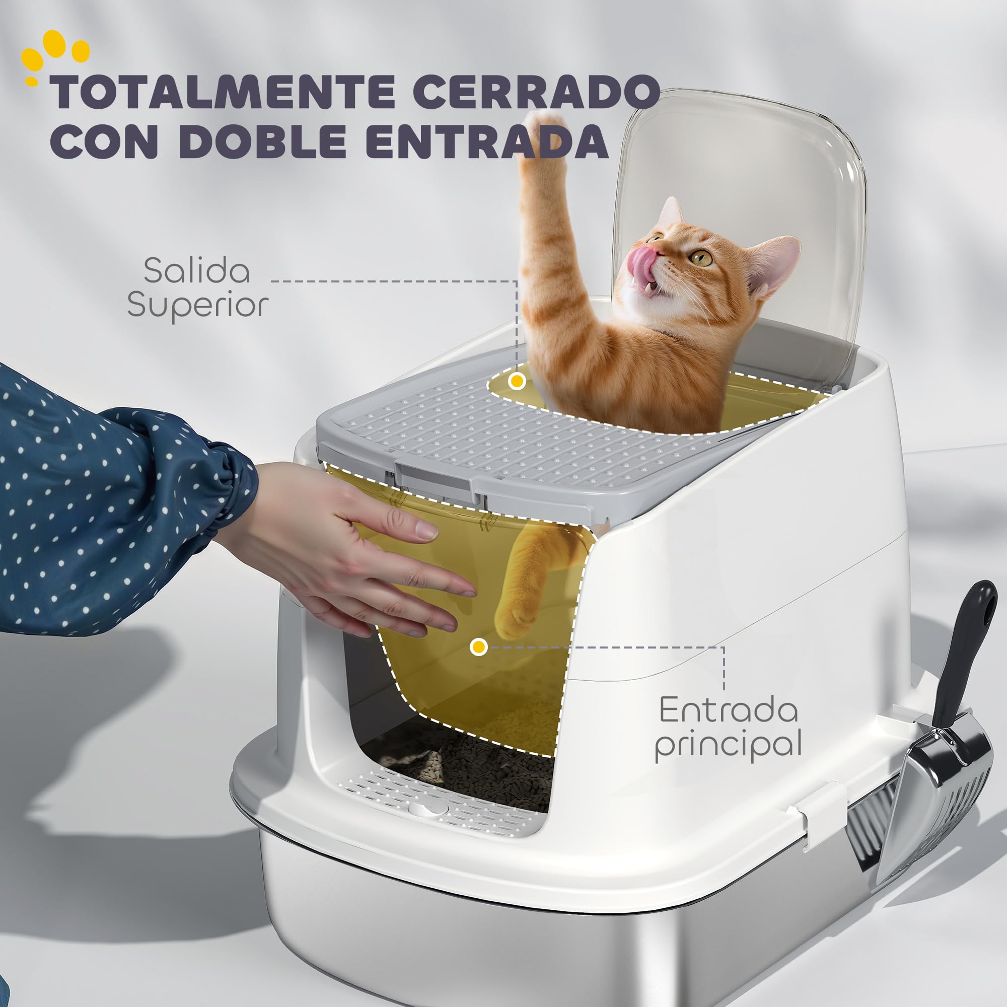 PawHut Arenero para Gatos de Acero Inoxidable L con Tapa Abatible Blanco | Caja de Arena para Gatos, Pala Metálica, Bolsa Desodorizante, Fácil de Limpiar, Antifugas