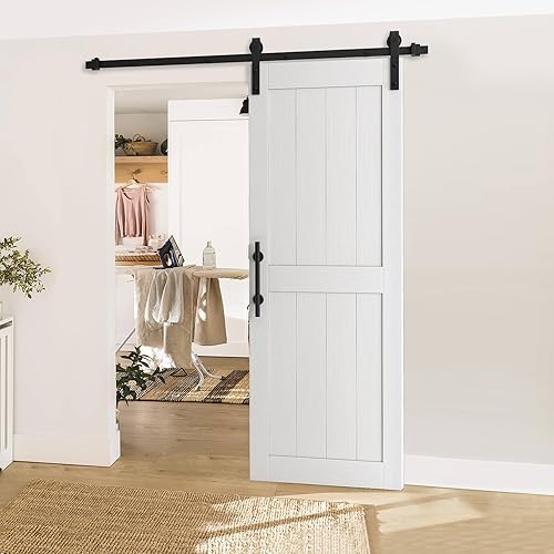 Miniatura 6 de YITAHOME Puerta de granero de 30 x 84 pulgadas con kit de herrajes y asas de 5 pies, puerta corrediza de granero con agujeros preperforados para una