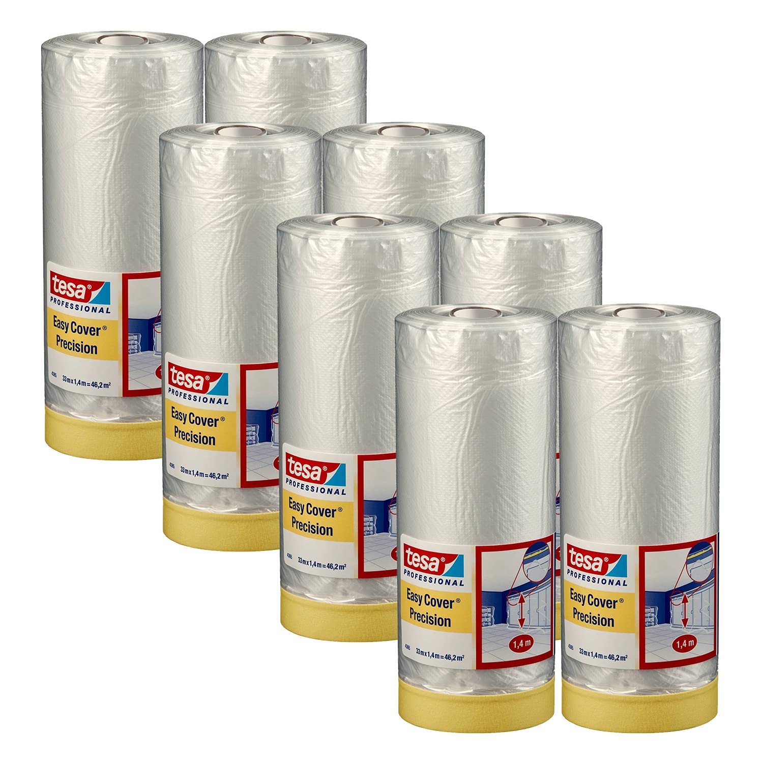 tesa Easy Cover 4411 UV Precision Painter's Film with Painter's Masking Tape for Masking and Covering 2-in-1 Painter's Tape with Film White Transparent 33 m x 0.55 m Pack of 8